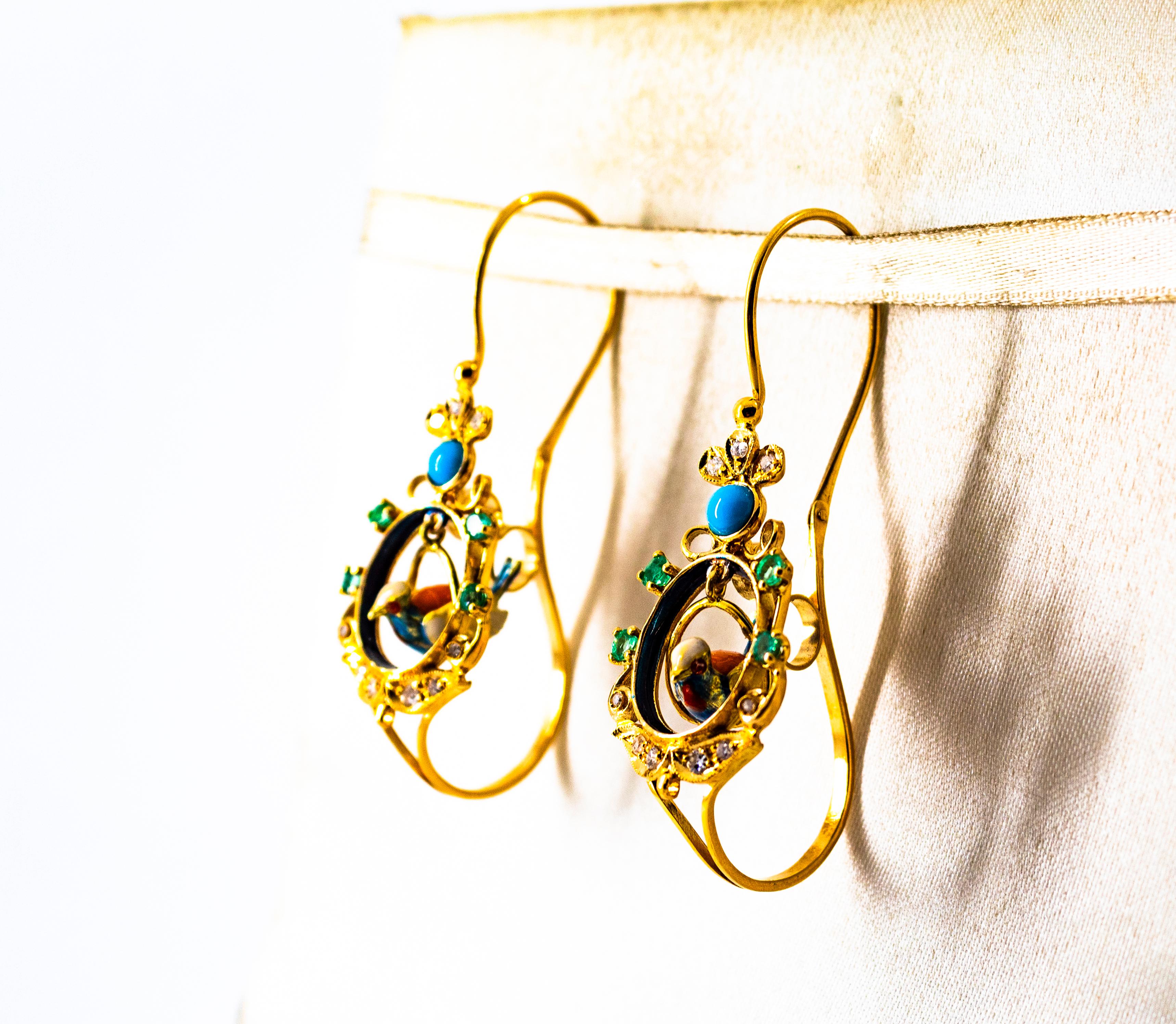 Orecchini a goccia in stile Art Nouveau in oro giallo con diamante bianco e smeraldo turchese in vendita 2