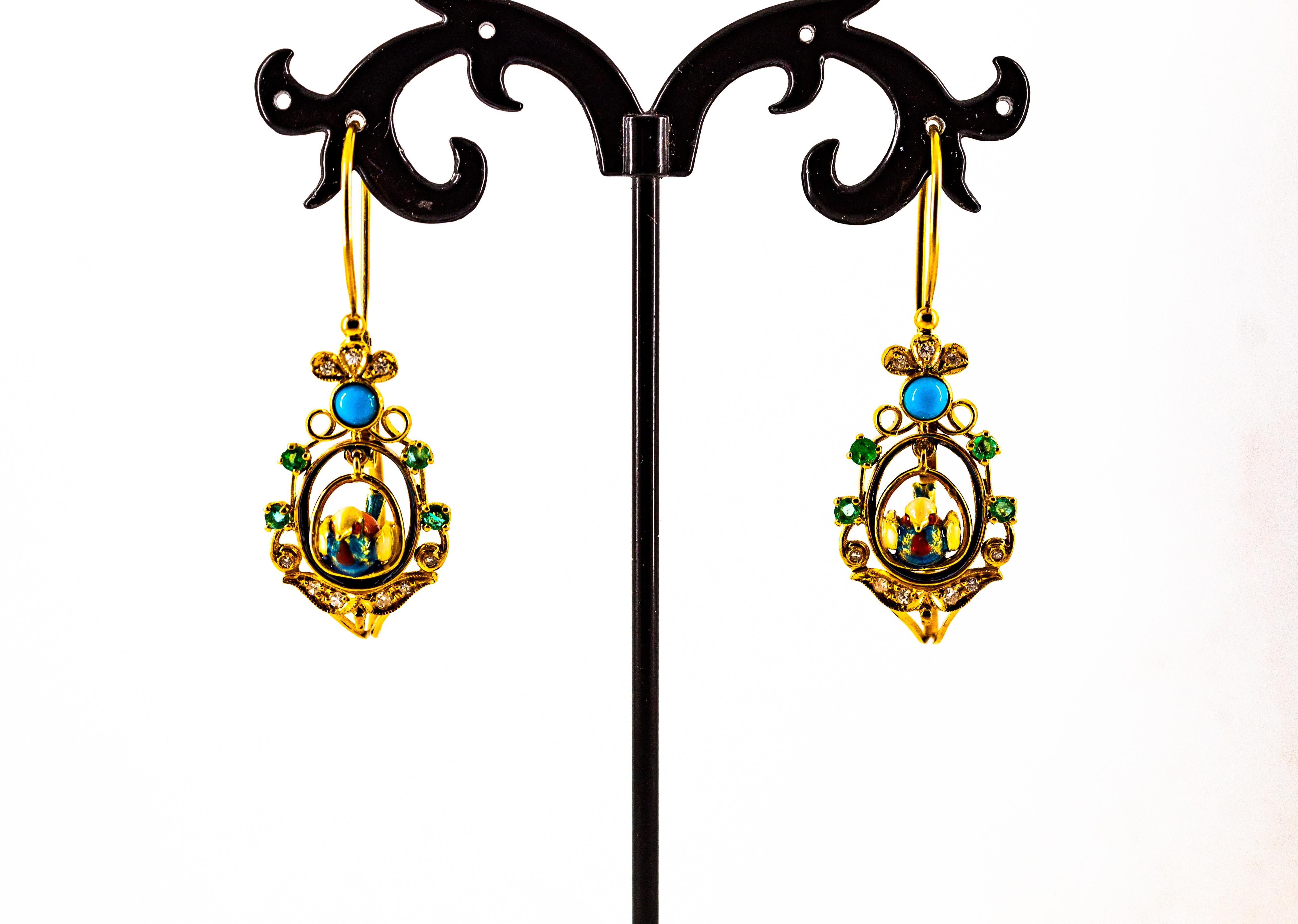 Art Nouveau Style White Diamond Emerald Turquoise Yellow Gold Drop Earrings For Sale 3