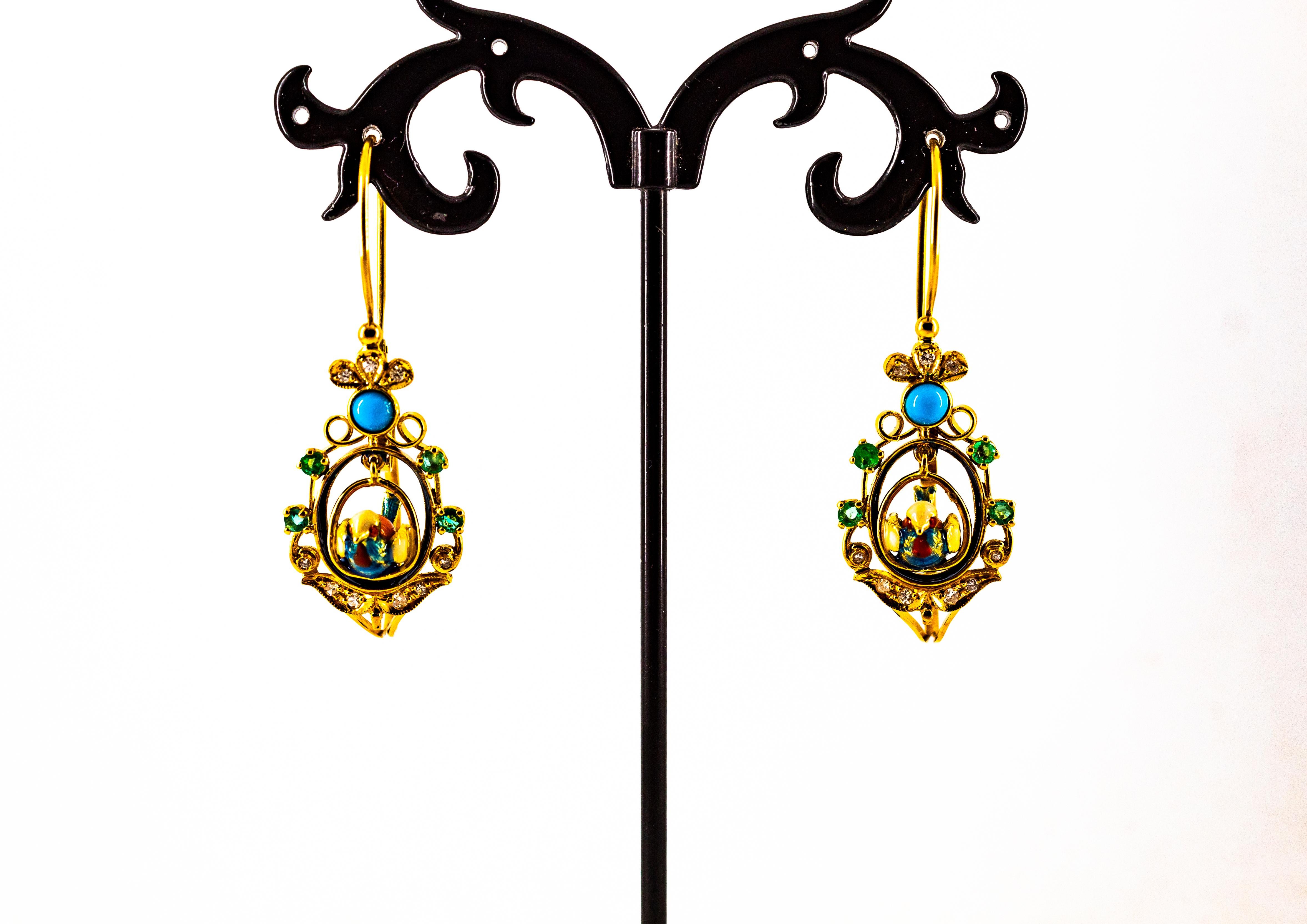 Art Nouveau Style White Diamond Emerald Turquoise Yellow Gold Drop Earrings For Sale 4