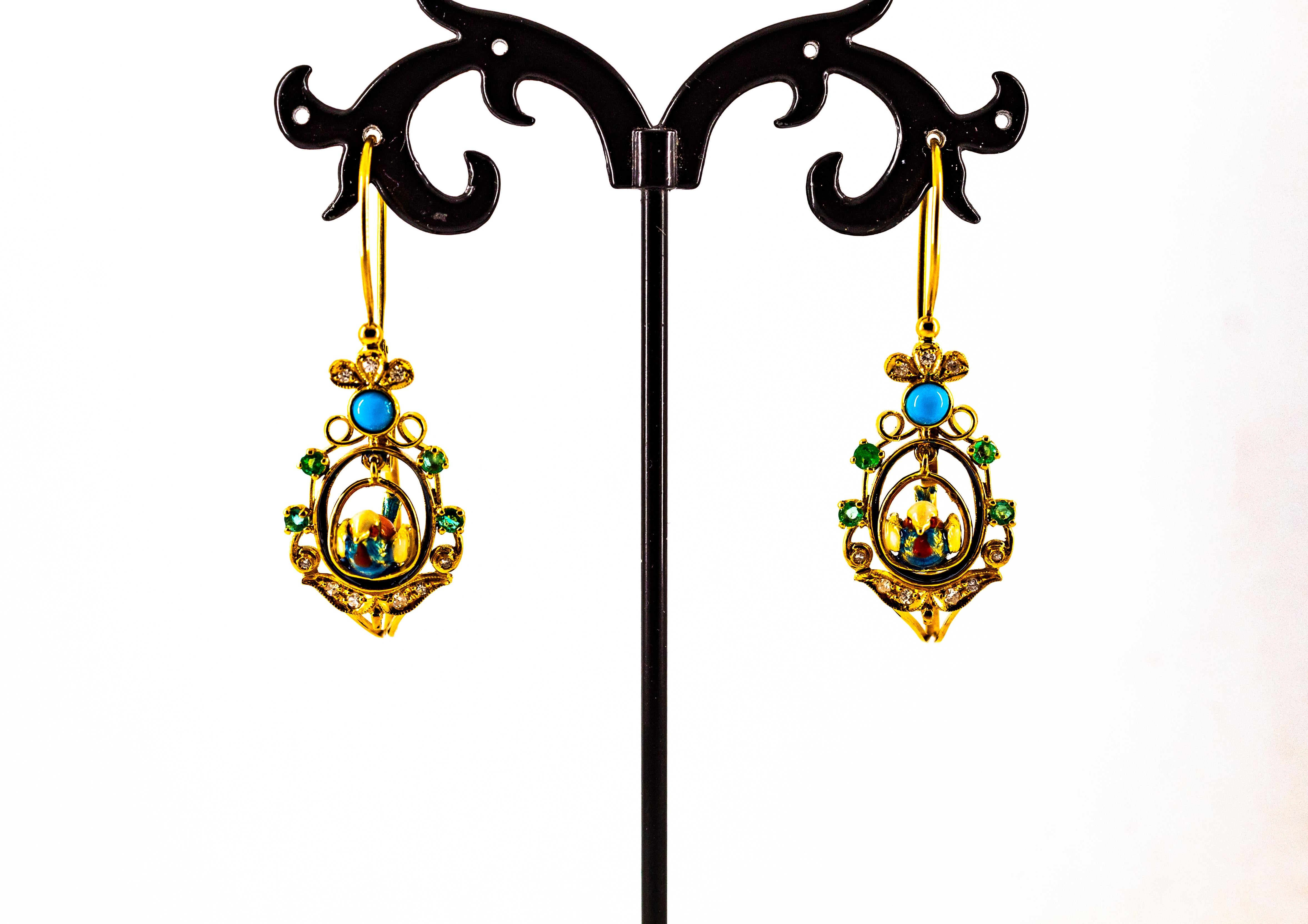 Orecchini a goccia in stile Art Nouveau in oro giallo con diamante bianco e smeraldo turchese in vendita 4