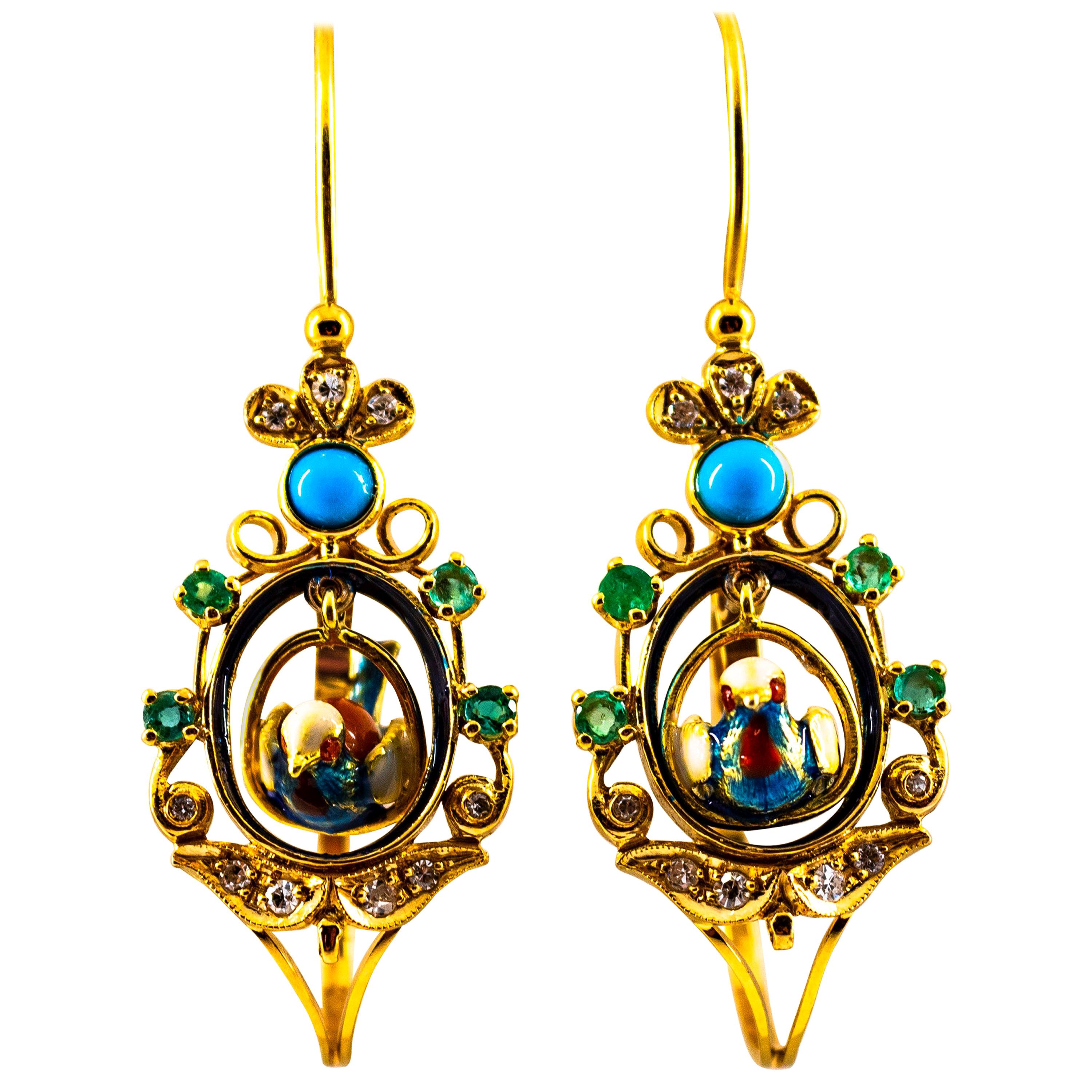 Art Nouveau Style White Diamond Emerald Turquoise Yellow Gold Drop Earrings For Sale