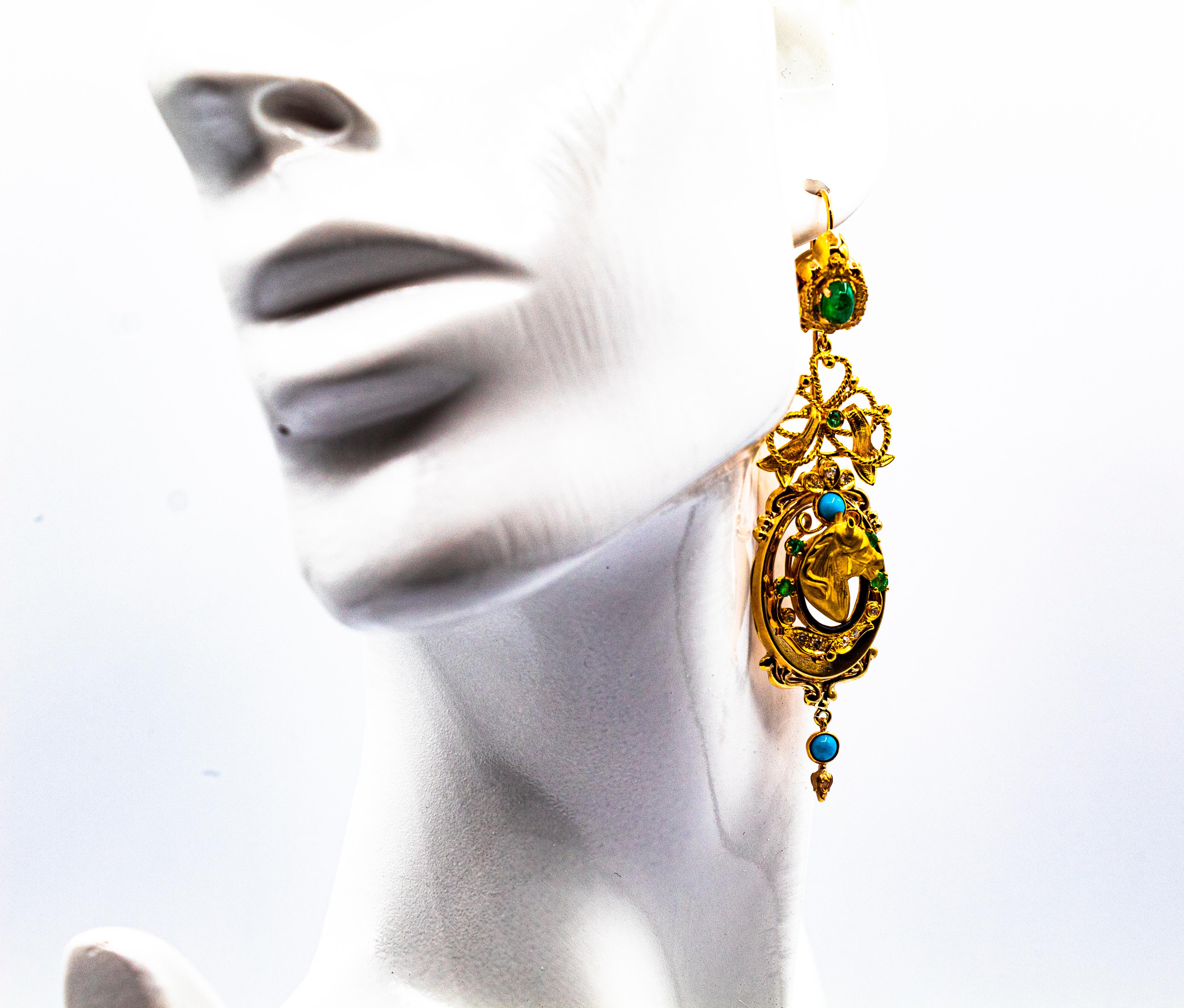 Jugendstil Ohrringe „Horses“ mit weißen Diamanten, Smaragden und Türkis aus Gelbgold im Angebot 6