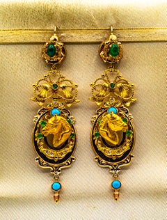 Art Nouveau Style White Diamond Emerald Turquoise Yellow Gold "Horses" Earrings