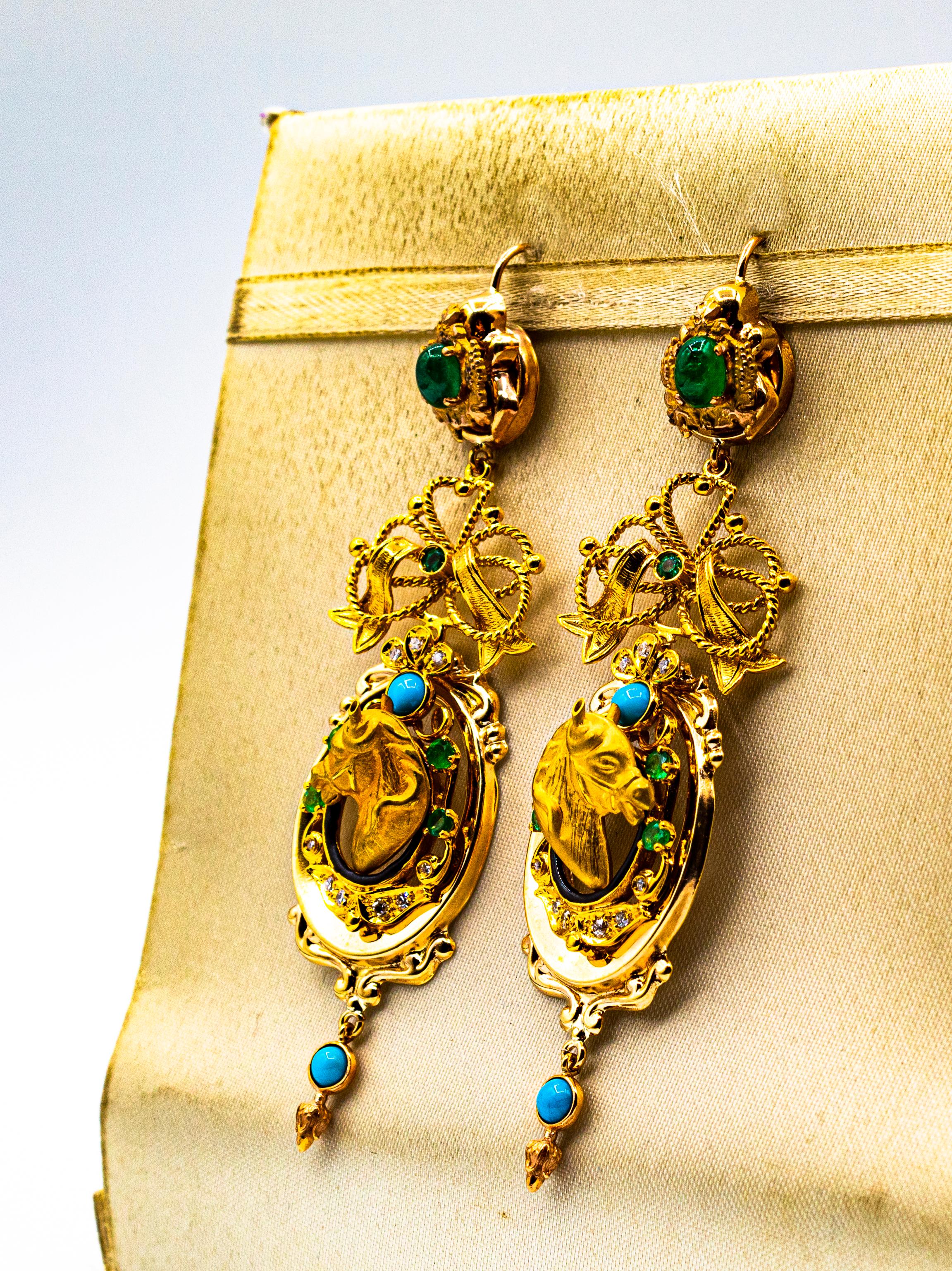 Women's or Men's Art Nouveau Style White Diamond Emerald Turquoise Yellow Gold 