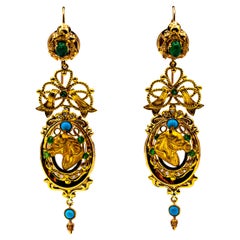 Jugendstil Ohrringe, weißer Diamant Smaragd Türkis Gelbgold "Horse"
