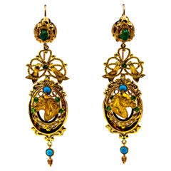 Art Nouveau Style White Diamond Emerald Turquoise Yellow Gold "Horses" Earrings