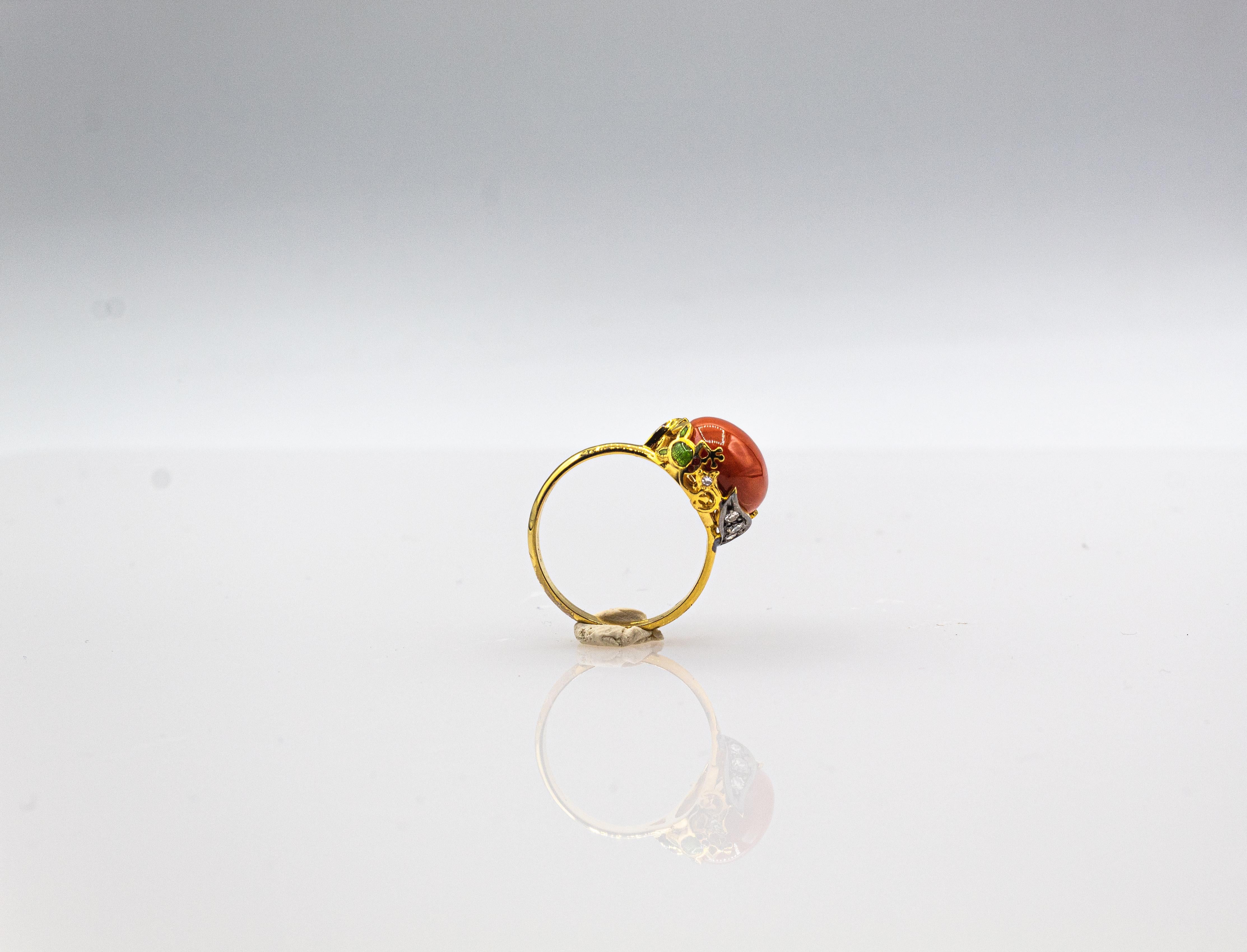 Art Nouveau Style White Diamond Enamel Red Coral Yellow Gold Cocktail Ring For Sale 5