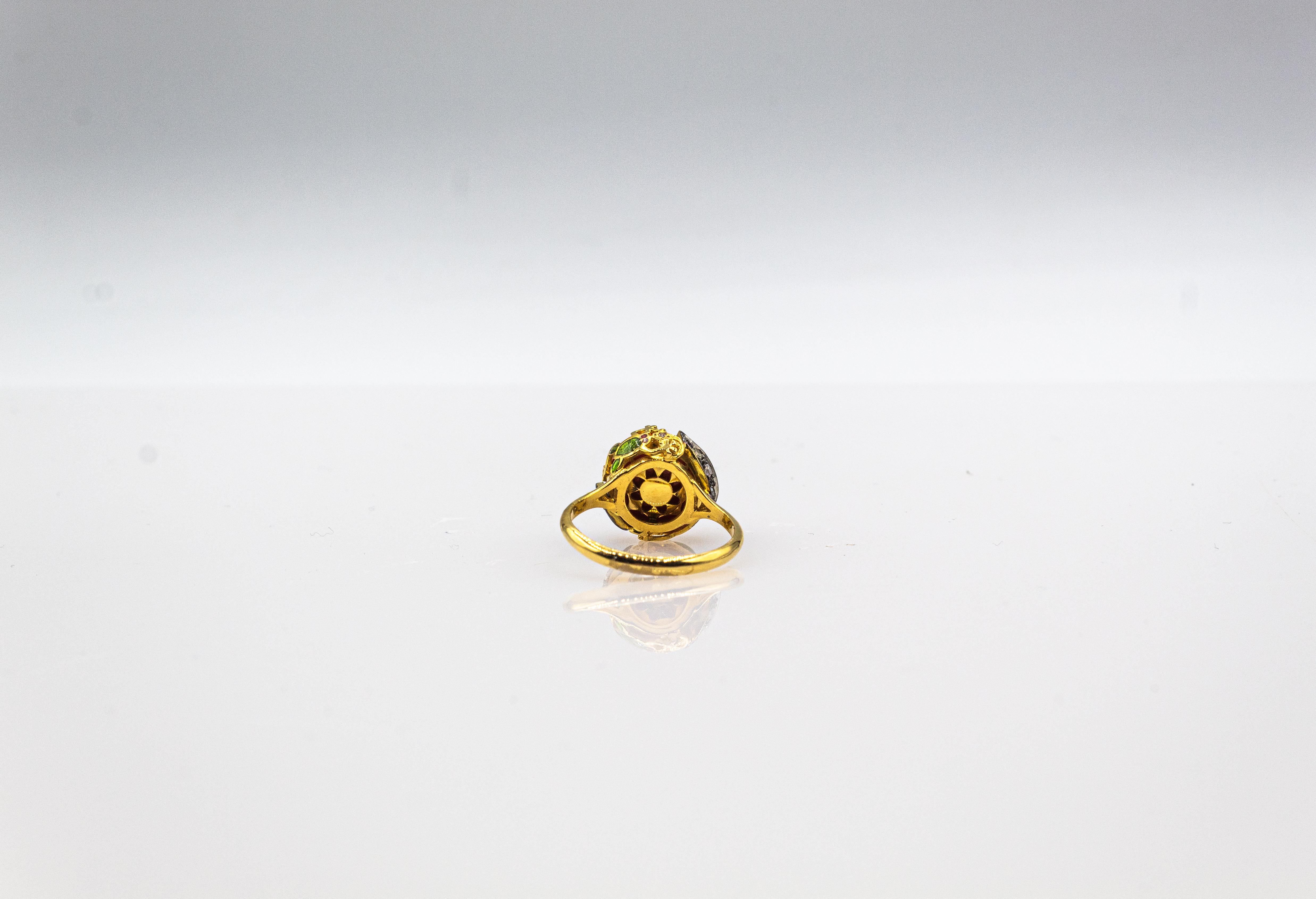 Art Nouveau Style White Diamond Enamel Red Coral Yellow Gold Cocktail Ring For Sale 6