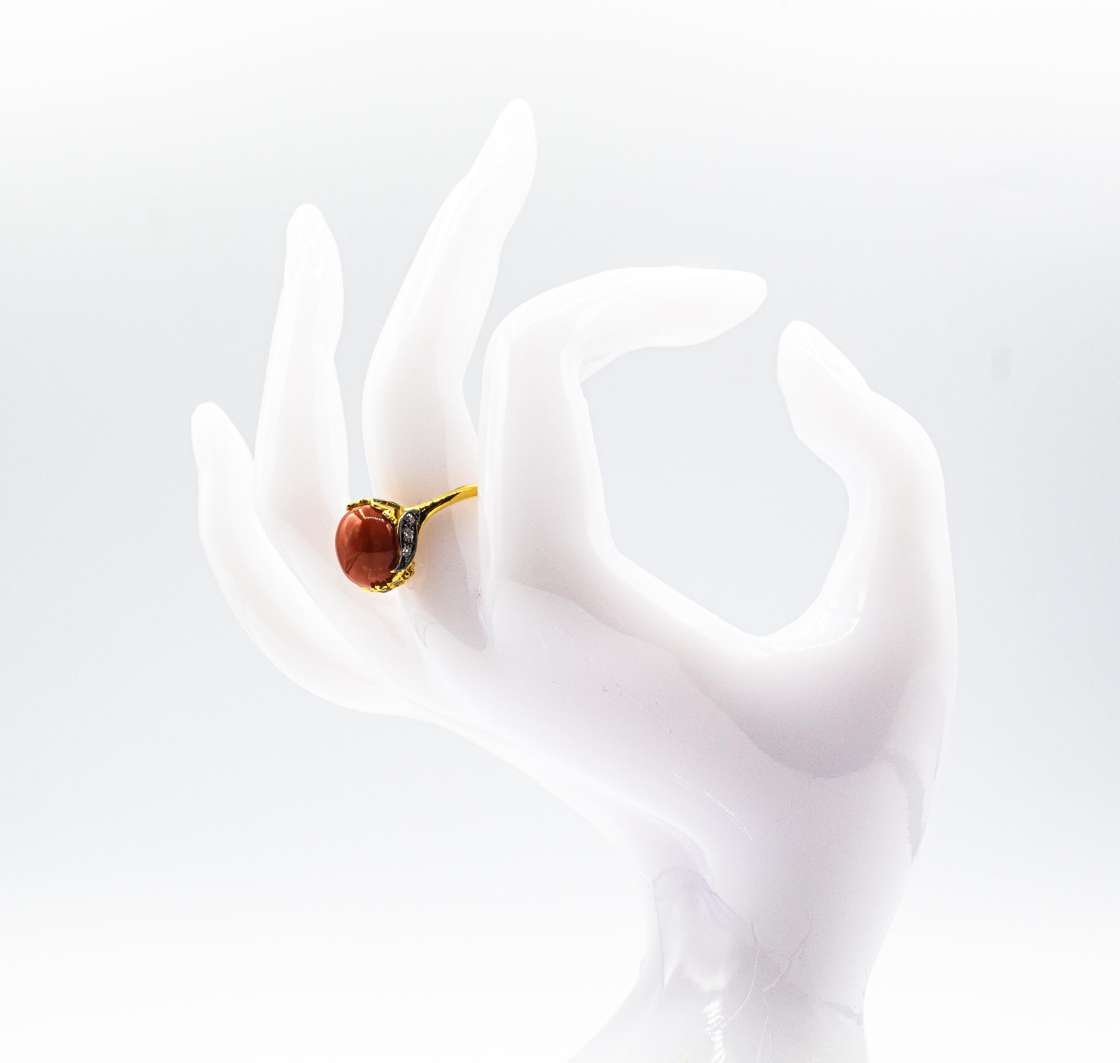 Art Nouveau Style White Diamond Enamel Red Coral Yellow Gold Cocktail Ring For Sale 8