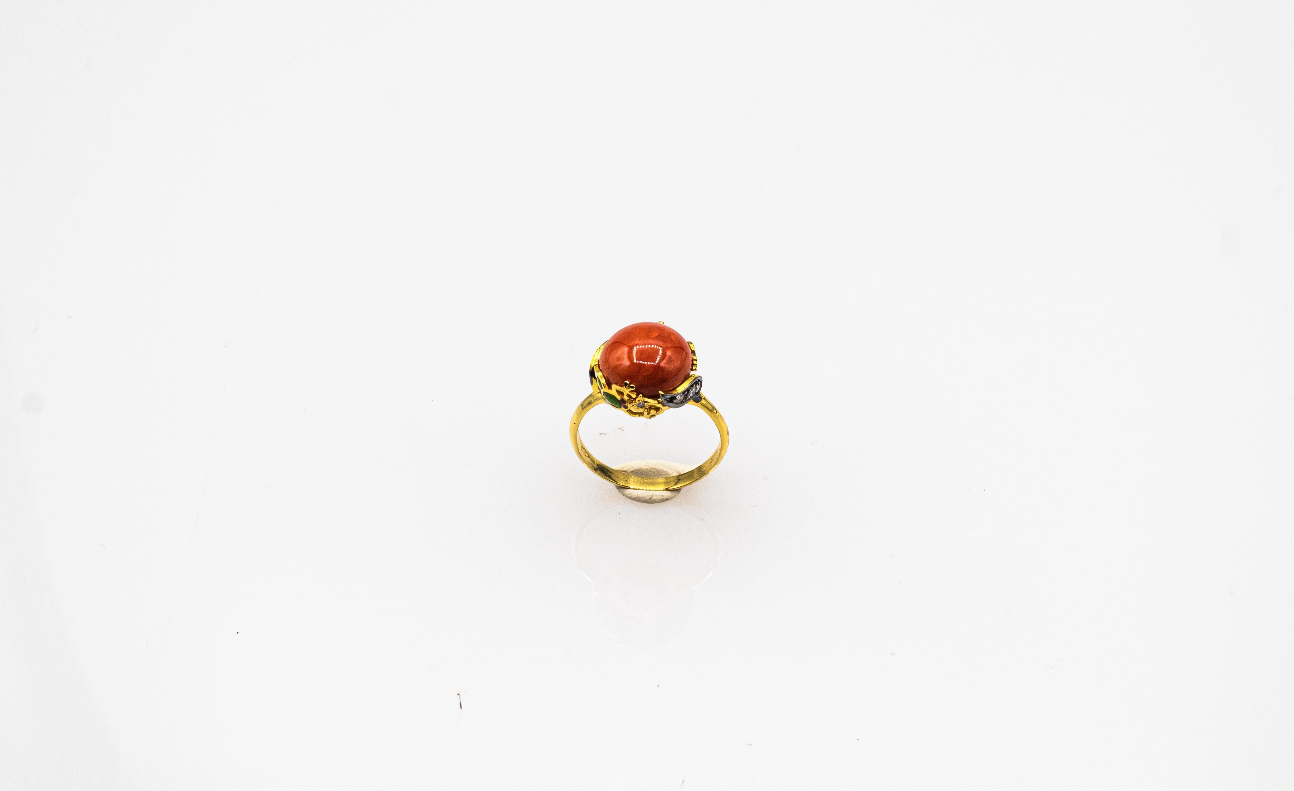 Cabochon Art Nouveau Style White Diamond Enamel Red Coral Yellow Gold Cocktail Ring For Sale
