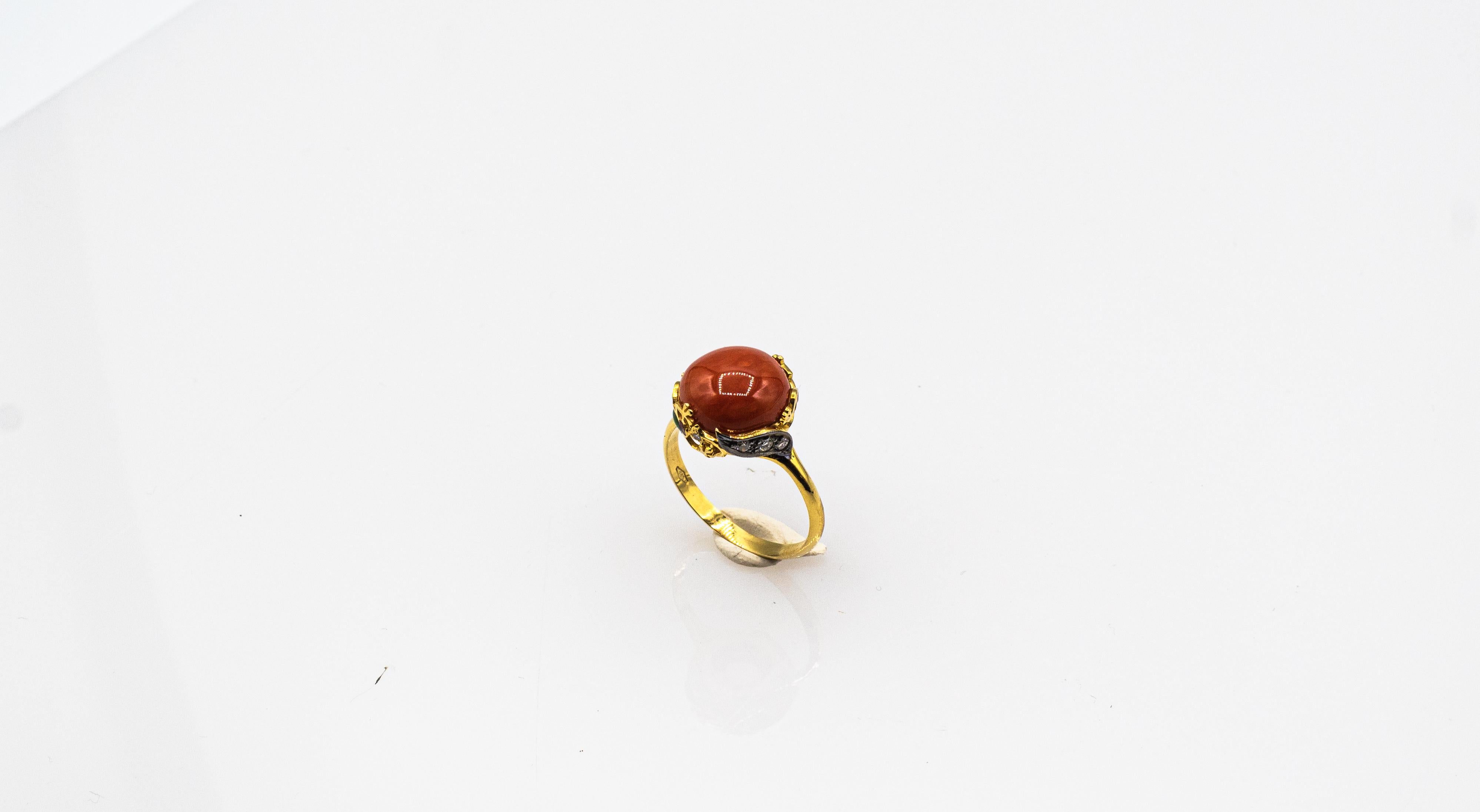 Art Nouveau Style White Diamond Enamel Red Coral Yellow Gold Cocktail Ring In New Condition For Sale In Naples, IT
