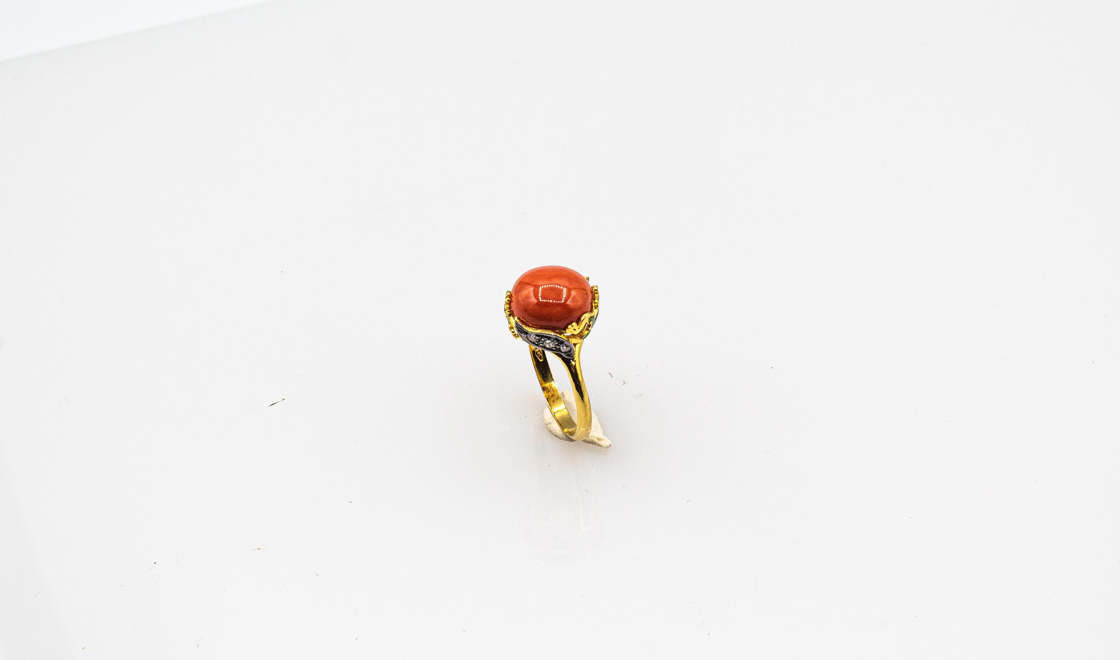 Women's or Men's Art Nouveau Style White Diamond Enamel Red Coral Yellow Gold Cocktail Ring For Sale