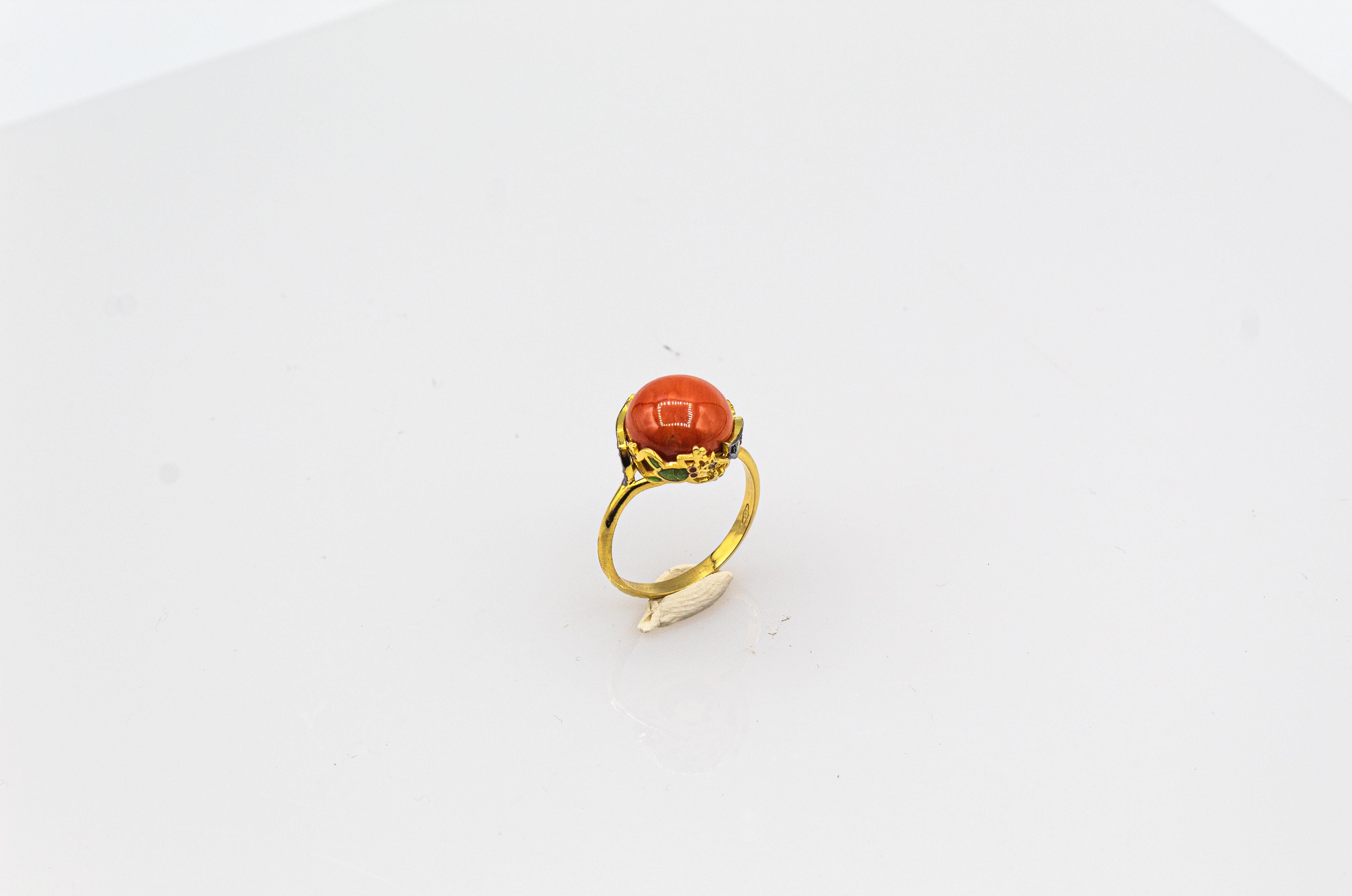 Art Nouveau Style White Diamond Enamel Red Coral Yellow Gold Cocktail Ring For Sale 1