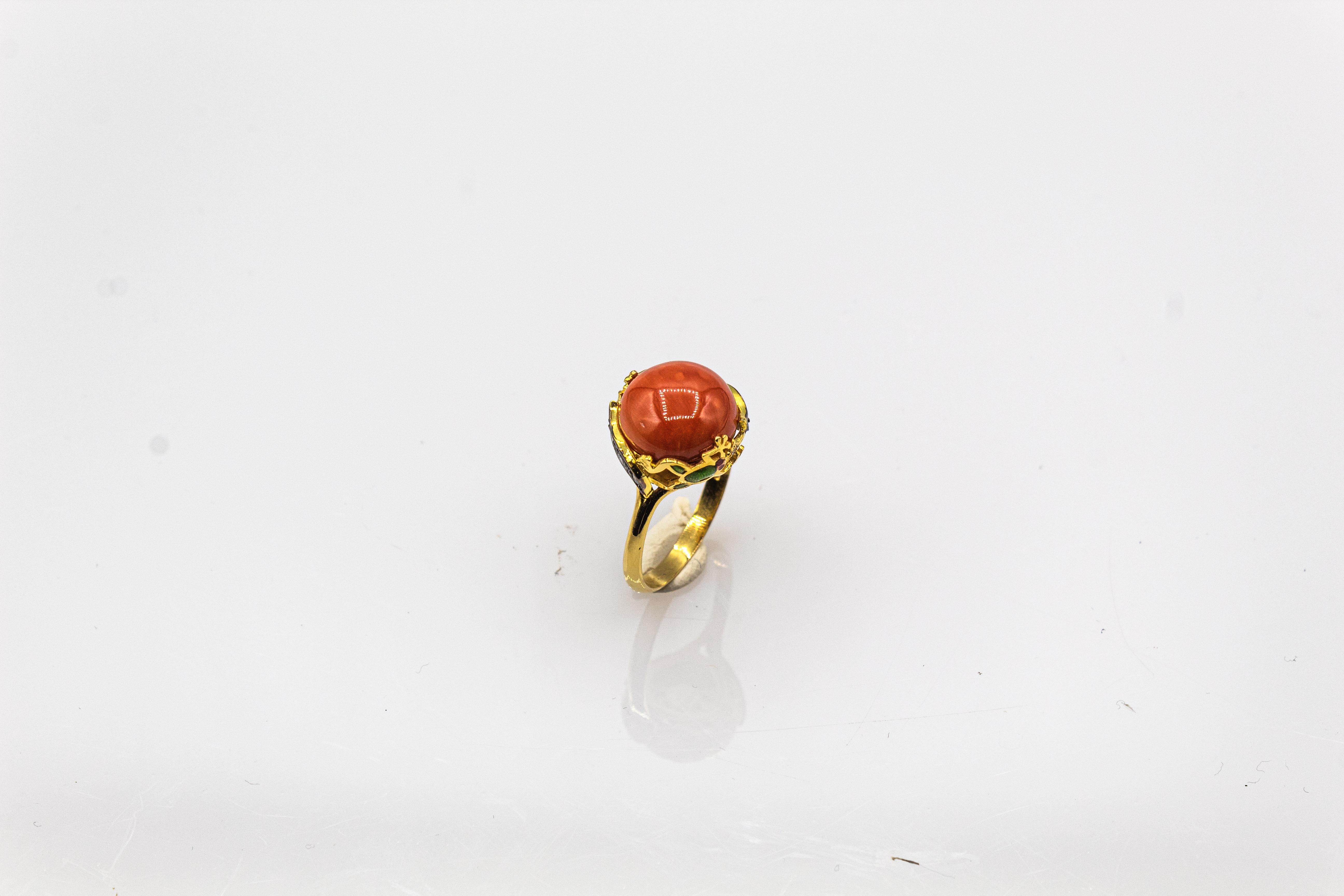 Art Nouveau Style White Diamond Enamel Red Coral Yellow Gold Cocktail Ring For Sale 2
