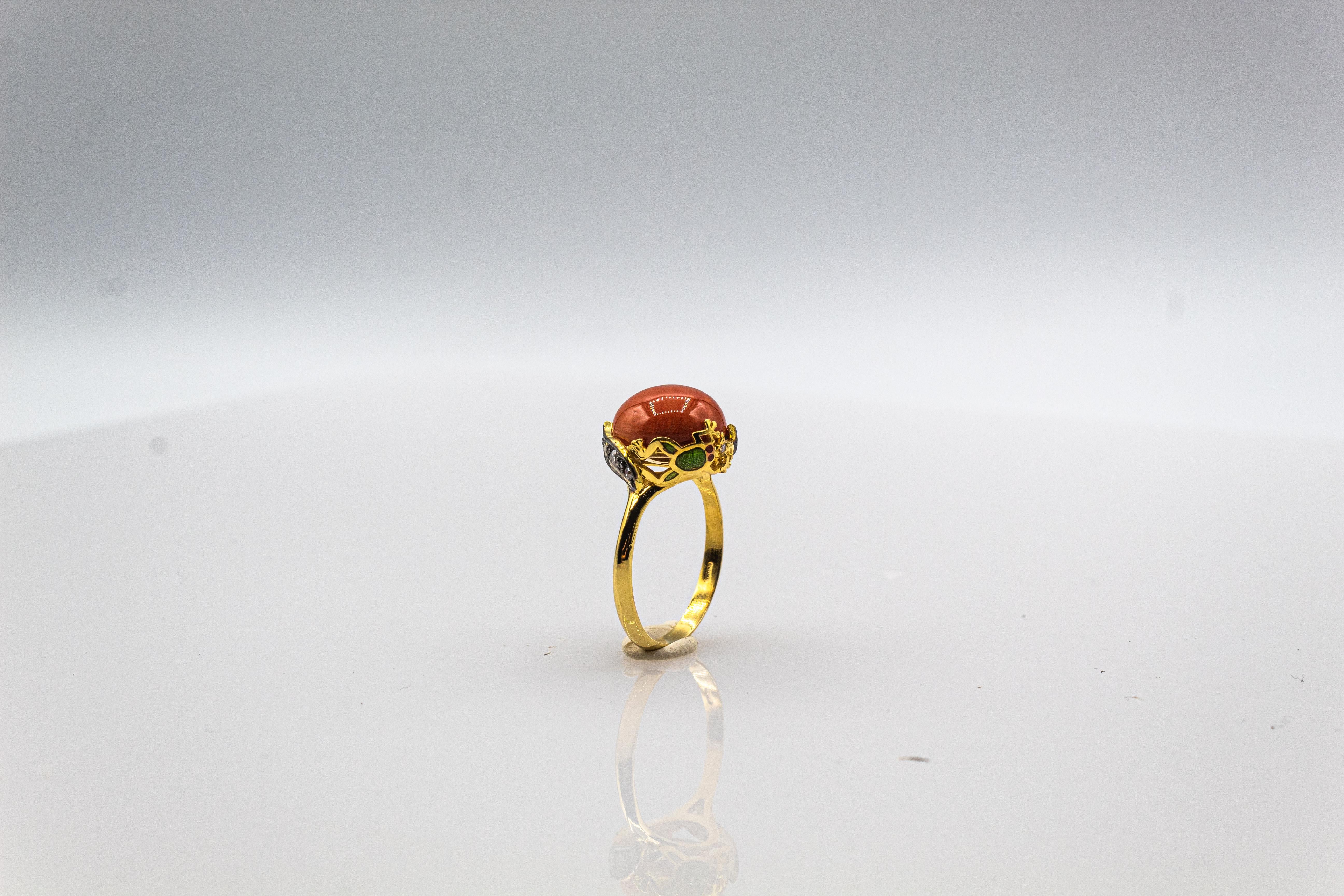 Art Nouveau Style White Diamond Enamel Red Coral Yellow Gold Cocktail Ring For Sale 3