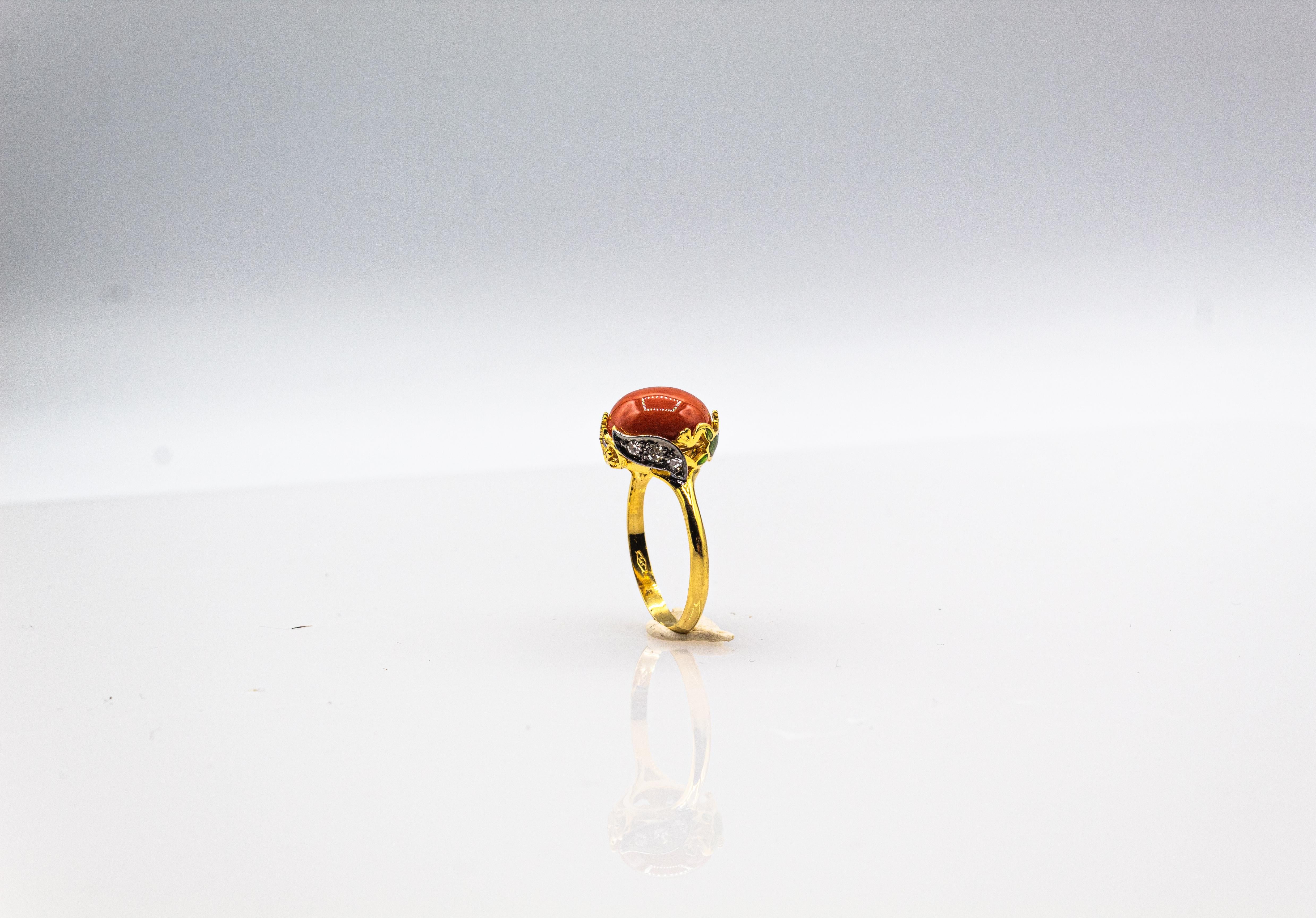 Art Nouveau Style White Diamond Enamel Red Coral Yellow Gold Cocktail Ring For Sale 4