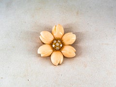 Art Nouveau Style White Diamond Handcrafted Pink Coral Yellow Gold Pendant