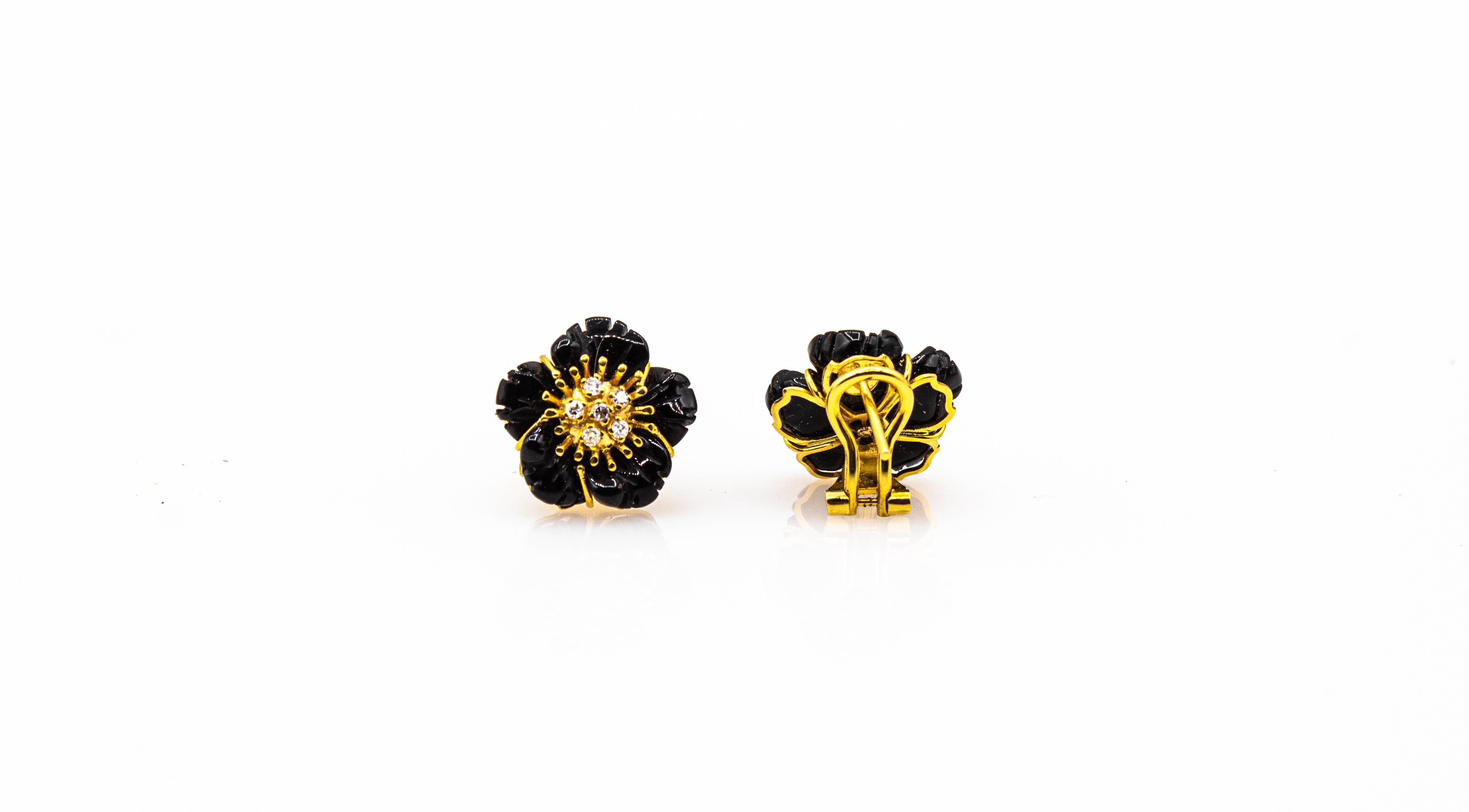 Art Nouveau Style White Diamond Handcut Onyx Yellow Gold Flowers Earrings 5