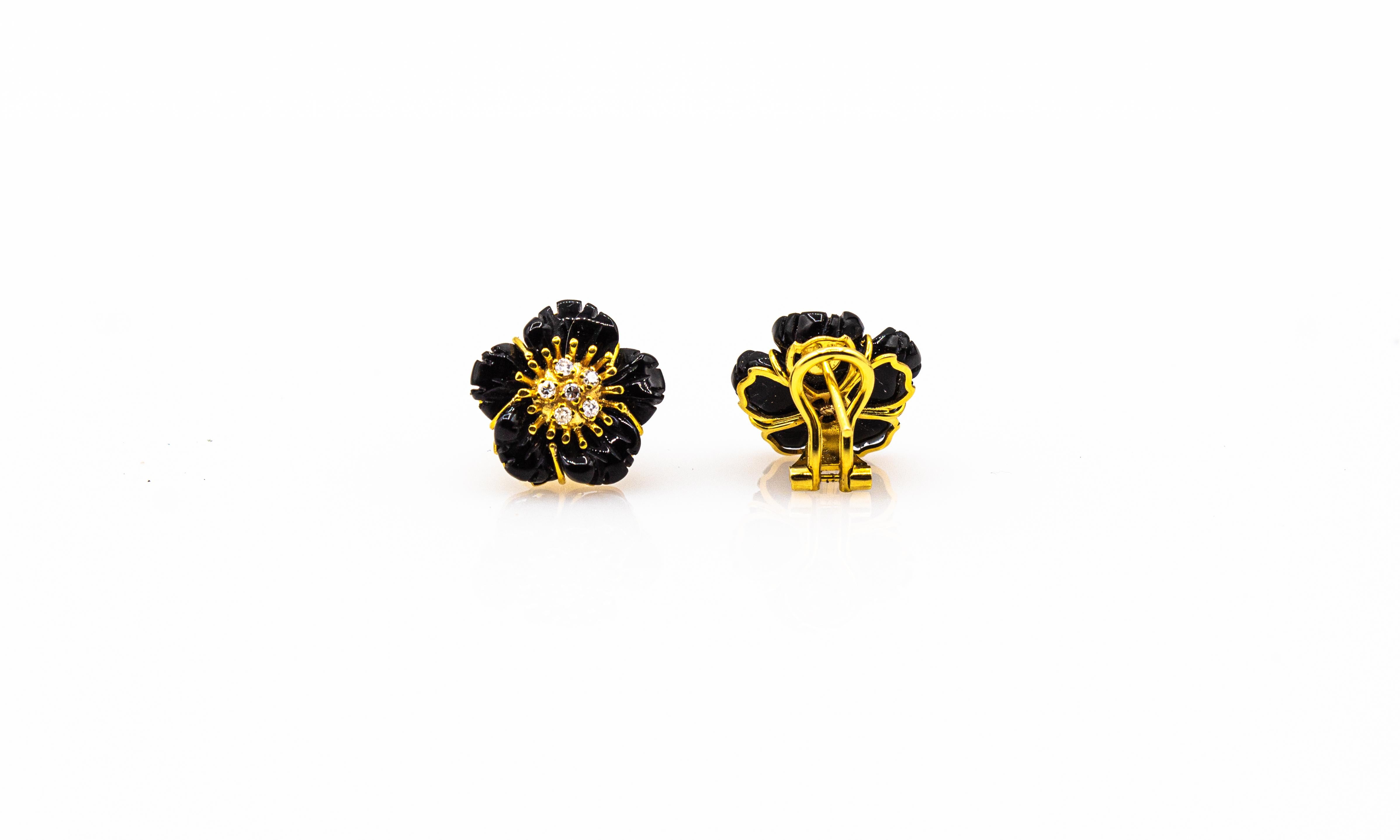 Art Nouveau Style White Diamond Handcut Onyx Yellow Gold Flowers Earrings For Sale 6