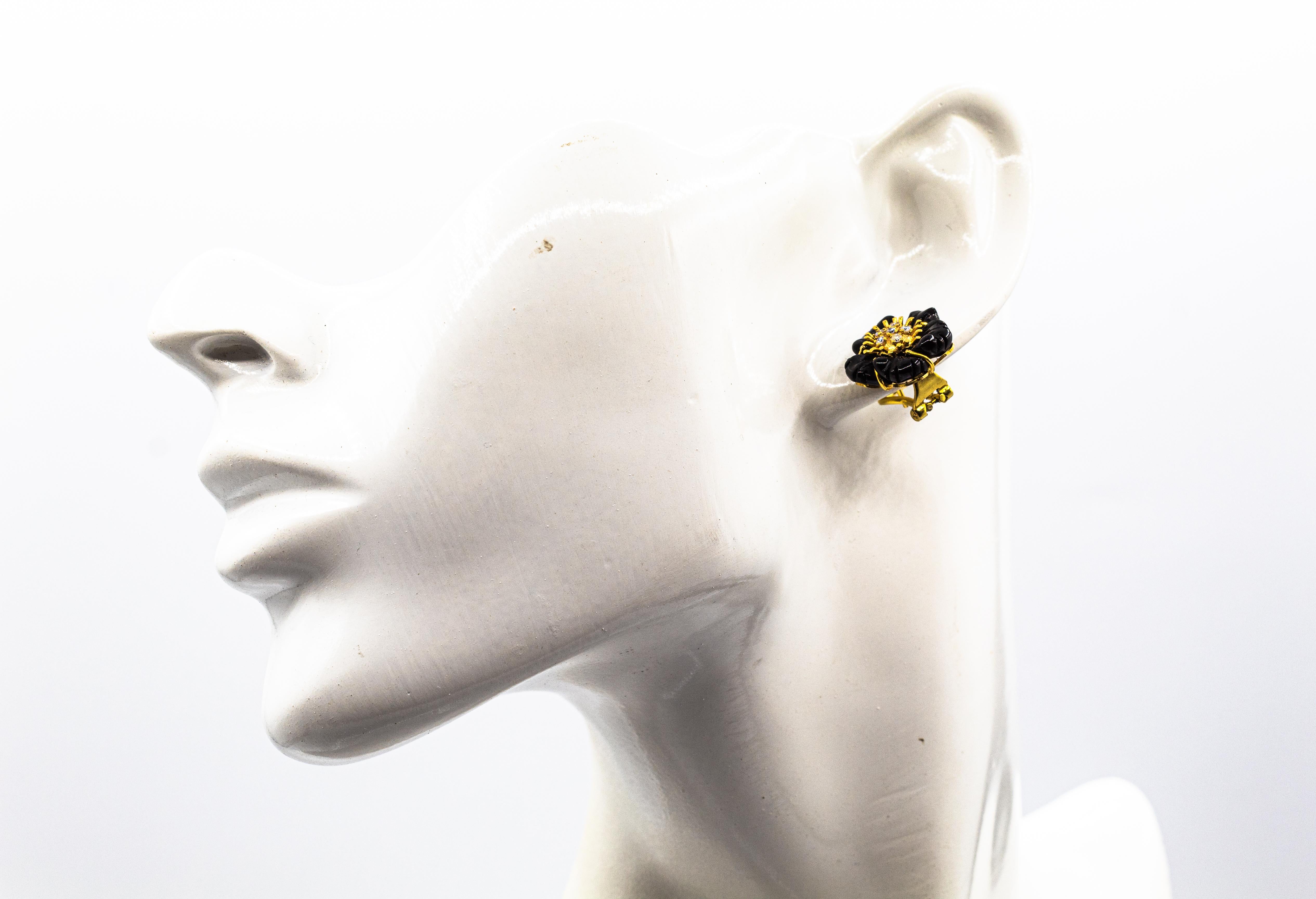 Art Nouveau Style White Diamond Handcut Onyx Yellow Gold Flowers Earrings 9
