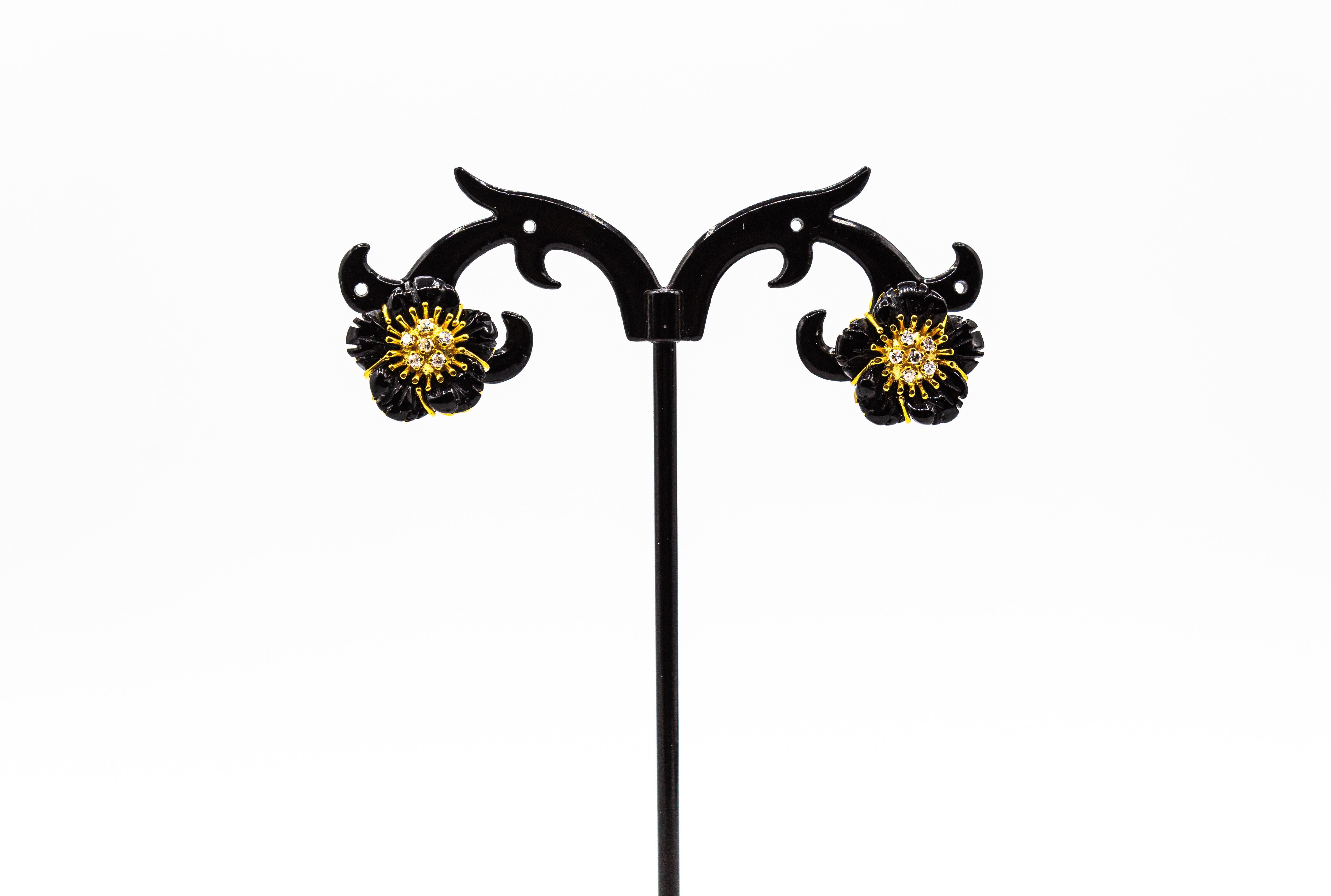 Brilliant Cut Art Nouveau Style White Diamond Handcut Onyx Yellow Gold Flowers Earrings