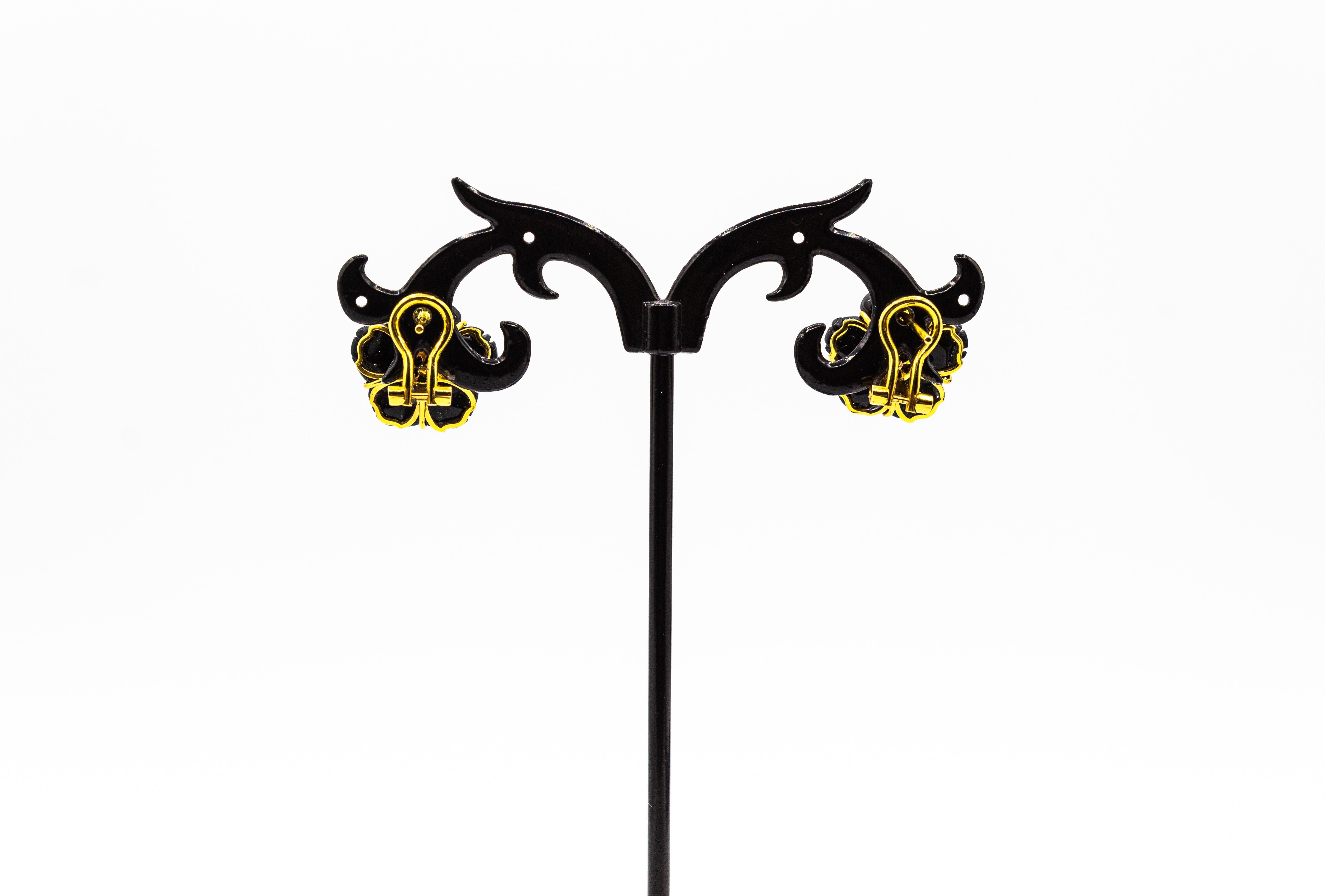 Women's or Men's Art Nouveau Style White Diamond Handcut Onyx Yellow Gold Flowers Earrings For Sale