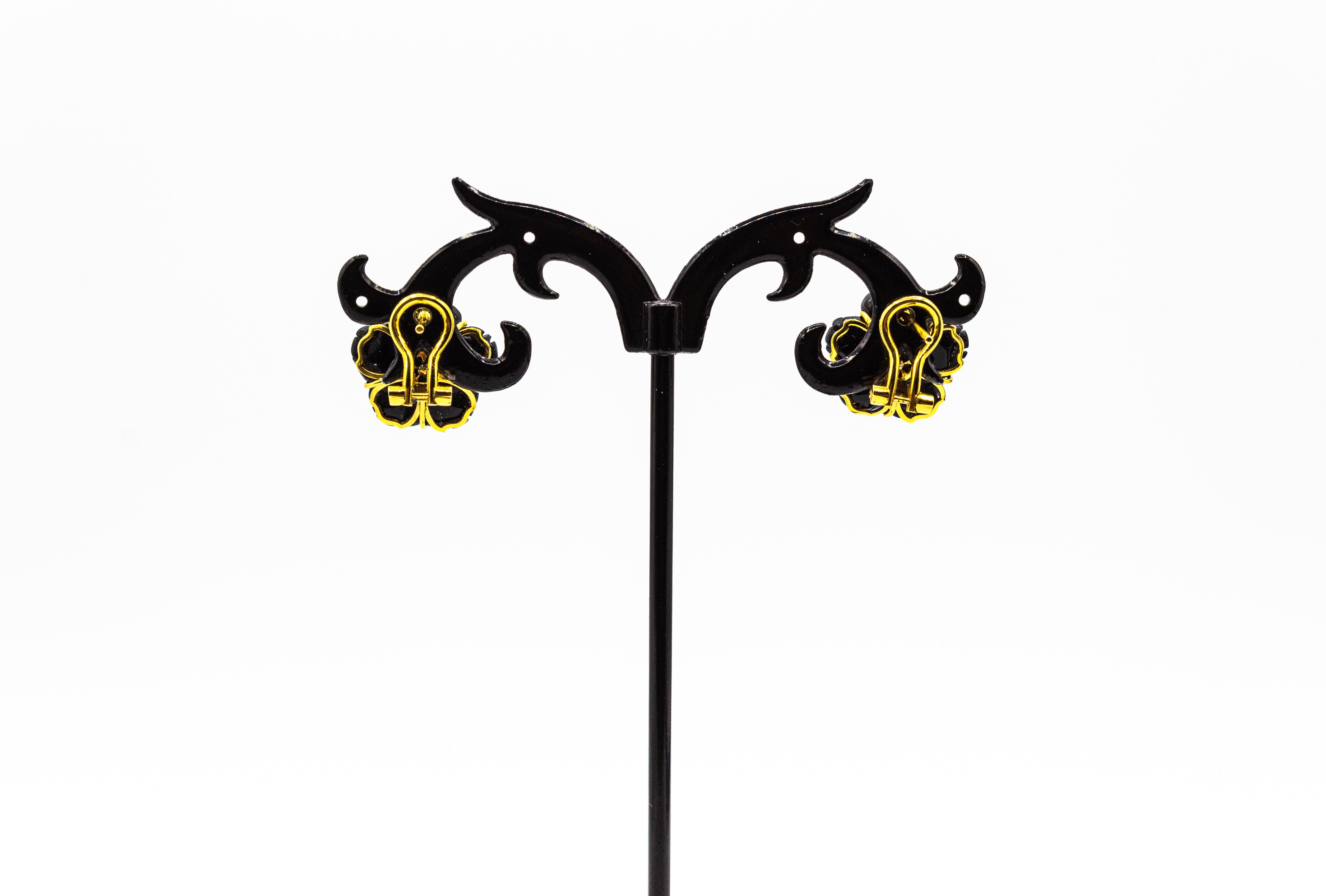 Women's or Men's Art Nouveau Style White Diamond Handcut Onyx Yellow Gold Flowers Earrings