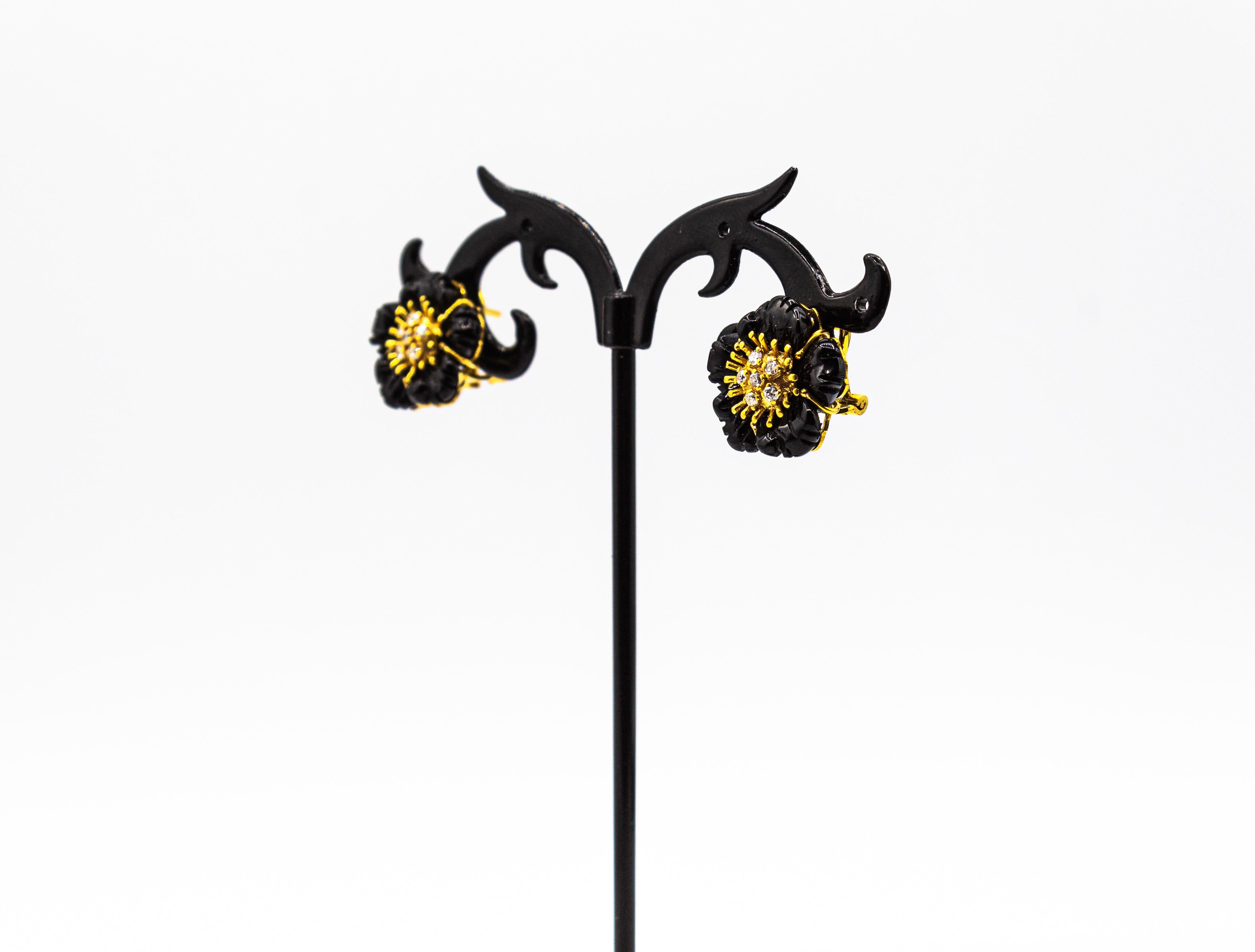 Art Nouveau Style White Diamond Handcut Onyx Yellow Gold Flowers Earrings 1
