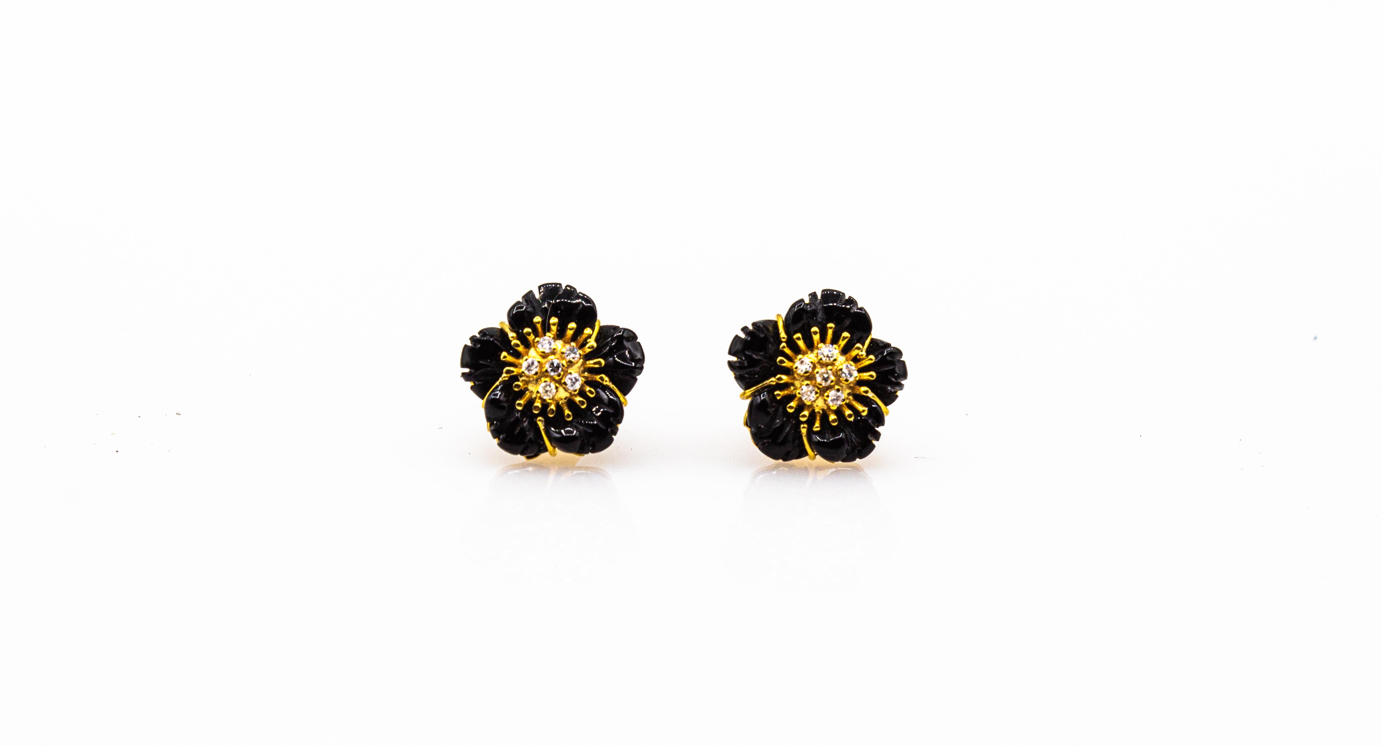 Art Nouveau Style White Diamond Handcut Onyx Yellow Gold Flowers Earrings 2