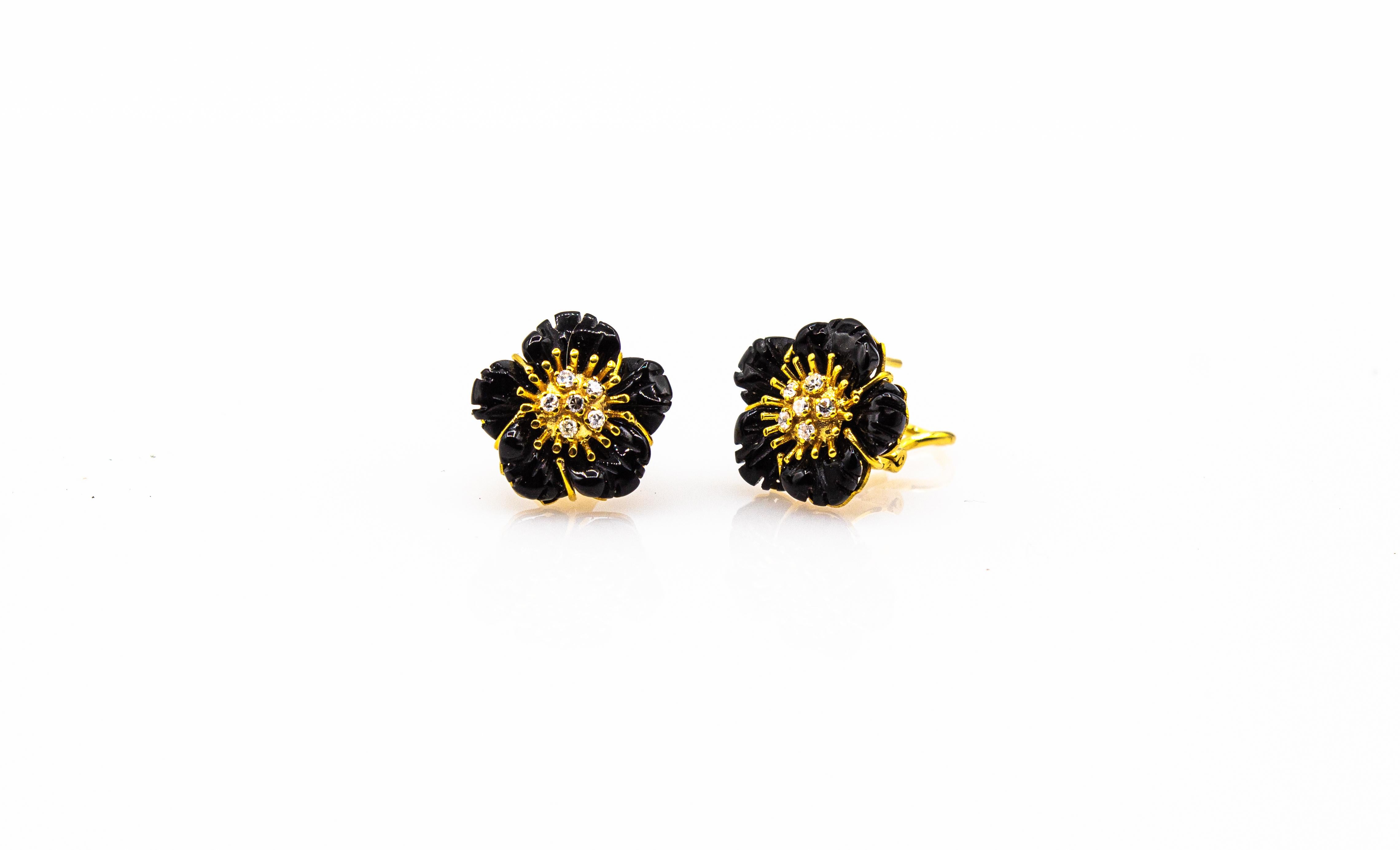 Art Nouveau Style White Diamond Handcut Onyx Yellow Gold Flowers Earrings For Sale 3