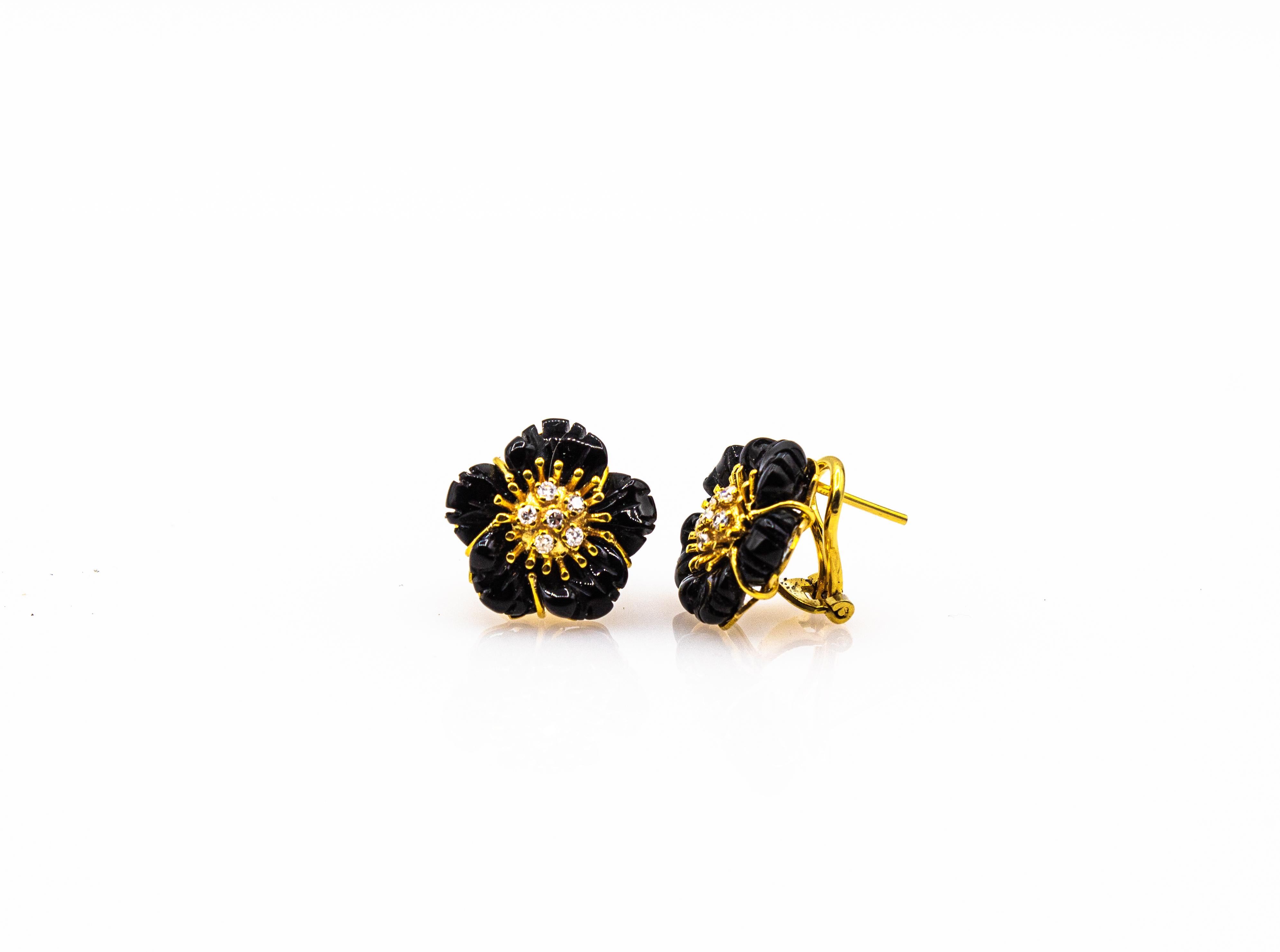 Art Nouveau Style White Diamond Handcut Onyx Yellow Gold Flowers Earrings 4