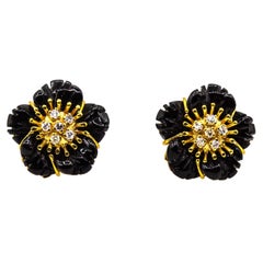 Boucles d'oreilles de style Art nouveau en or jaune avec fleurs en onyx et diamants blancs taillés à la main