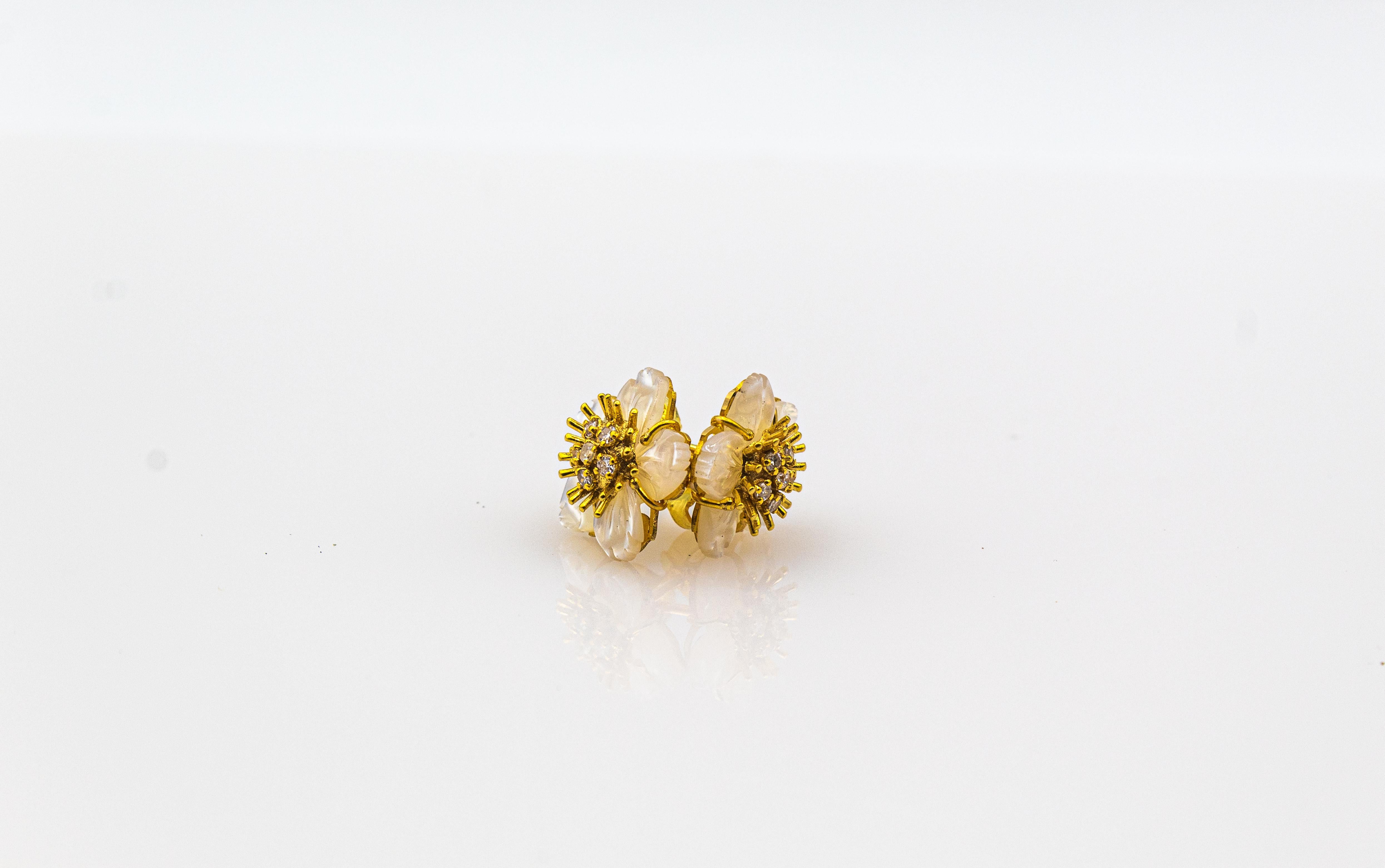 Art Nouveau Style White Diamond Mother of Pearl Yellow Gold Flowers Earrings For Sale 5