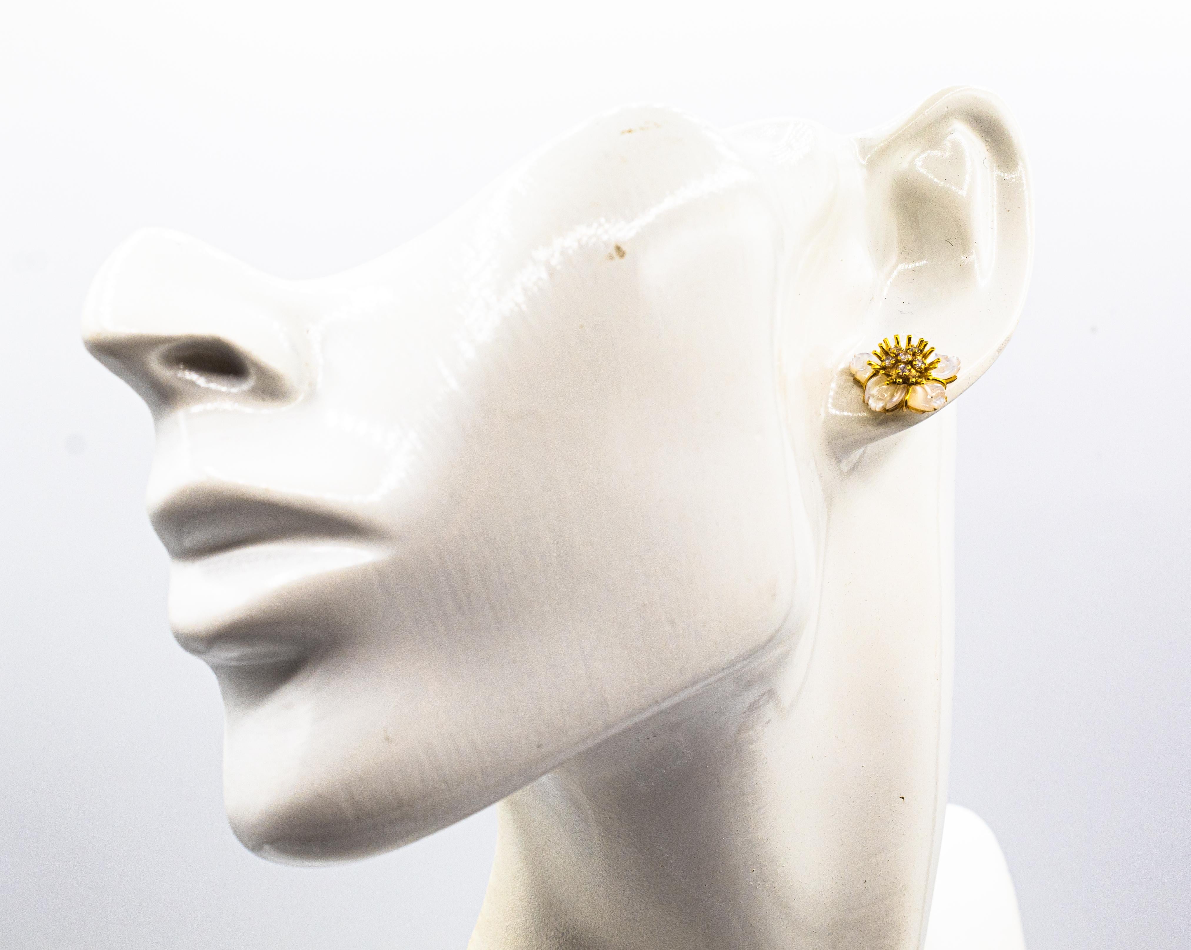 Art Nouveau Style White Diamond Mother of Pearl Yellow Gold Flowers Earrings 6