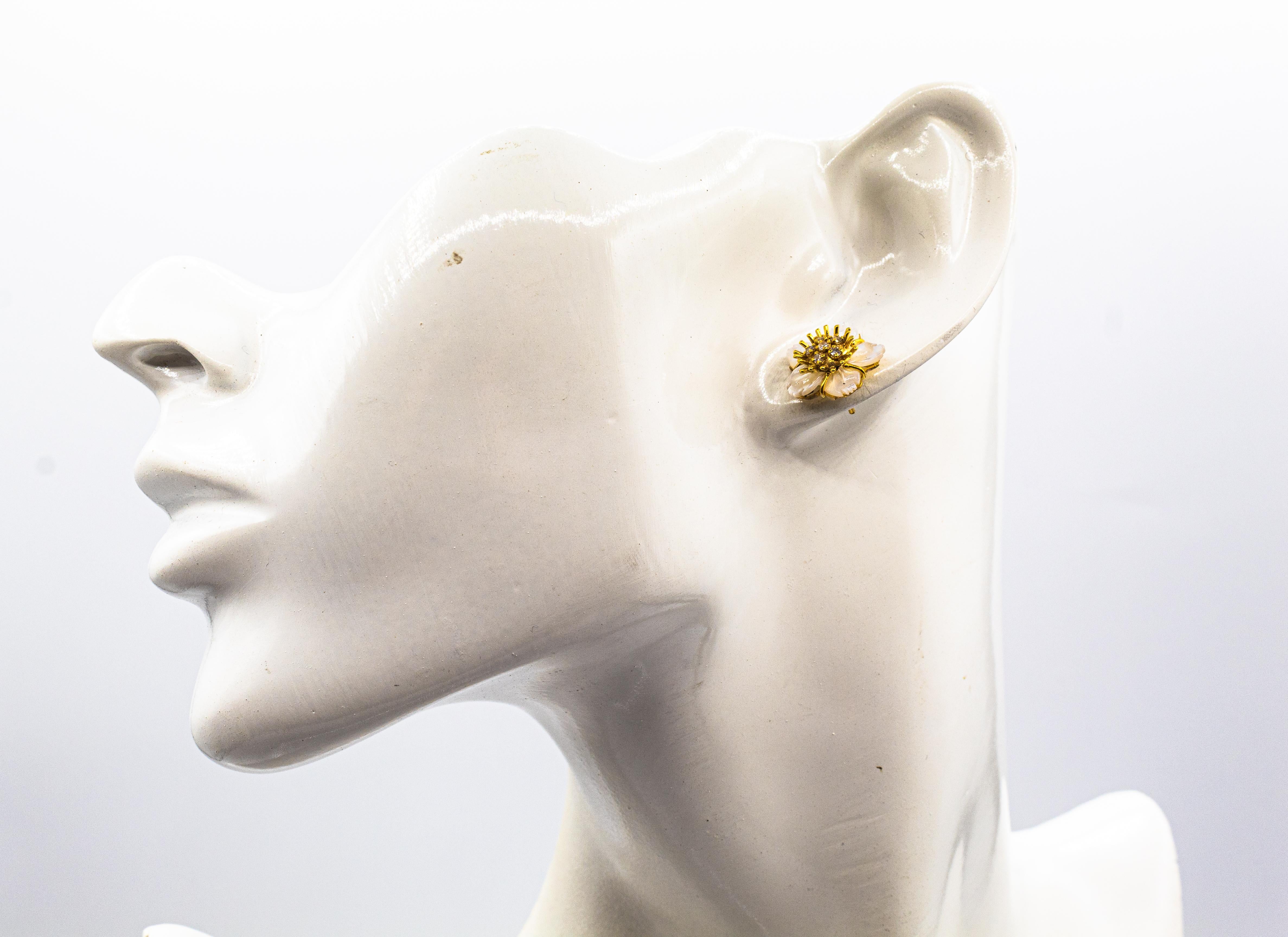 Art Nouveau Style White Diamond Mother of Pearl Yellow Gold Flowers Earrings 7