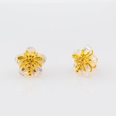 Art Nouveau Style White Diamond Mother of Pearl Yellow Gold "Flowers" Earrings