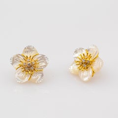 Art Nouveau Style White Diamond Mother of Pearl Yellow Gold "Flowers" Earrings