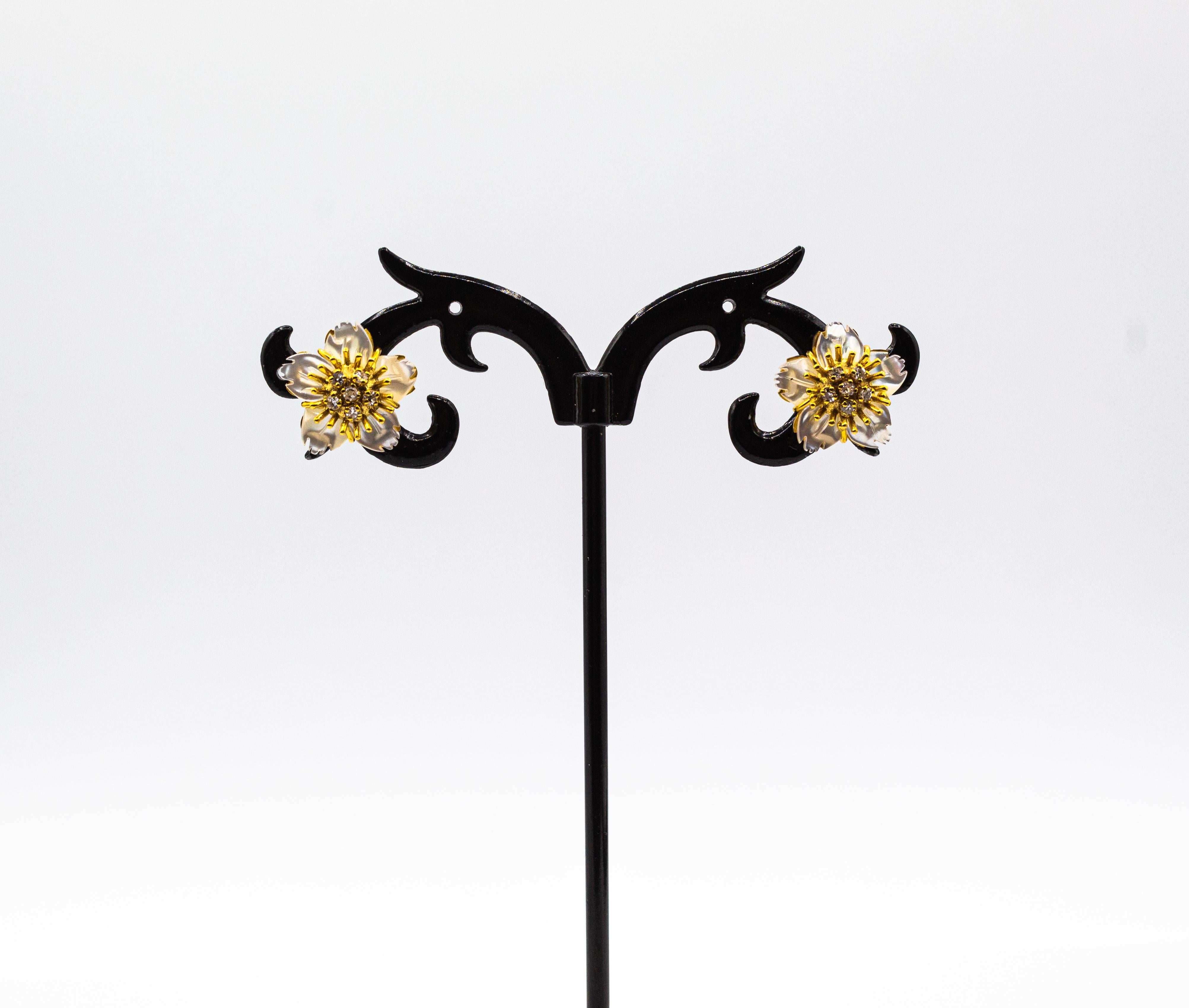 Brilliant Cut Art Nouveau Style White Diamond Mother of Pearl Yellow Gold Flowers Earrings