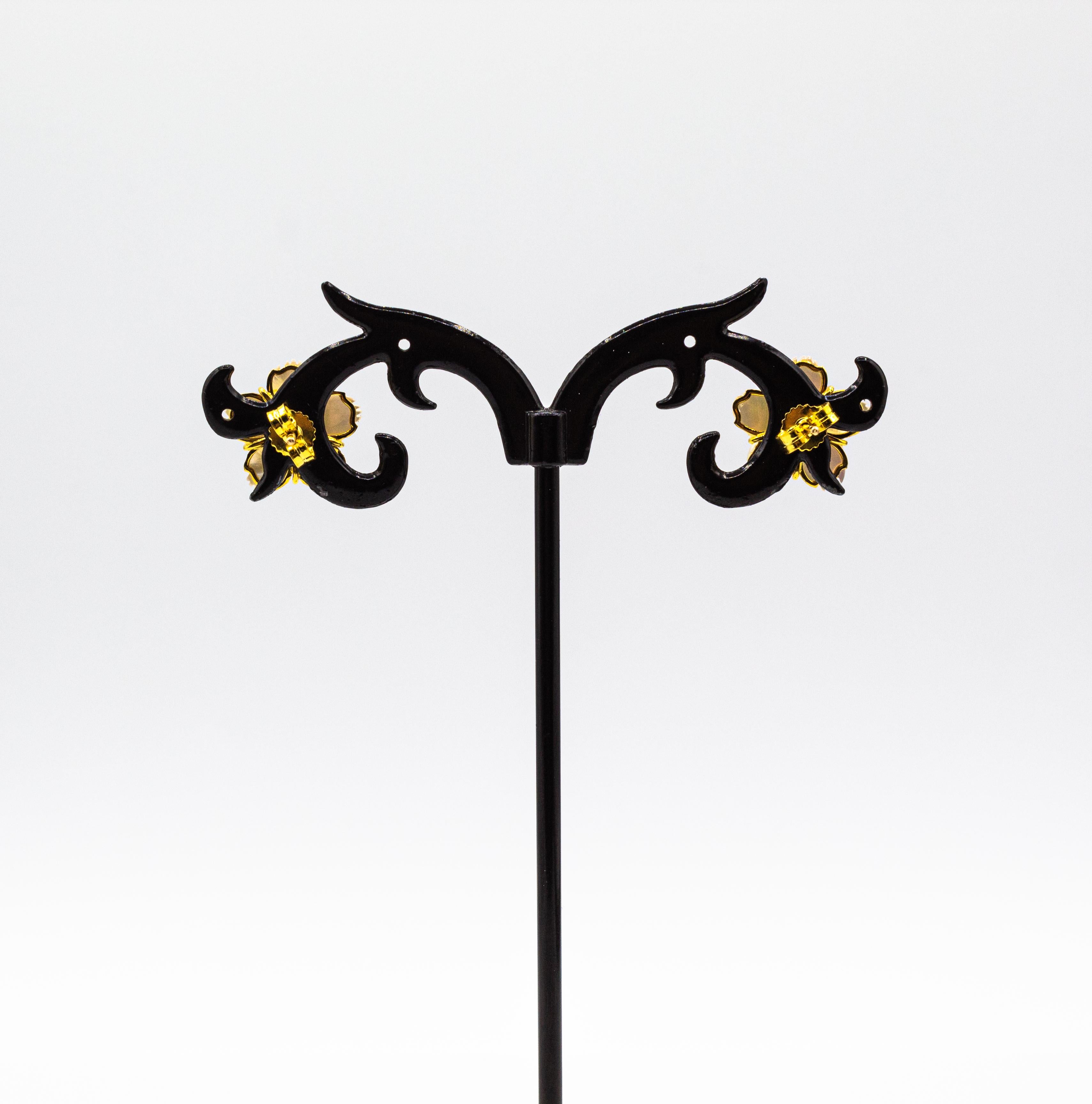 Women's or Men's Art Nouveau Style White Diamond Mother of Pearl Yellow Gold Flowers Earrings