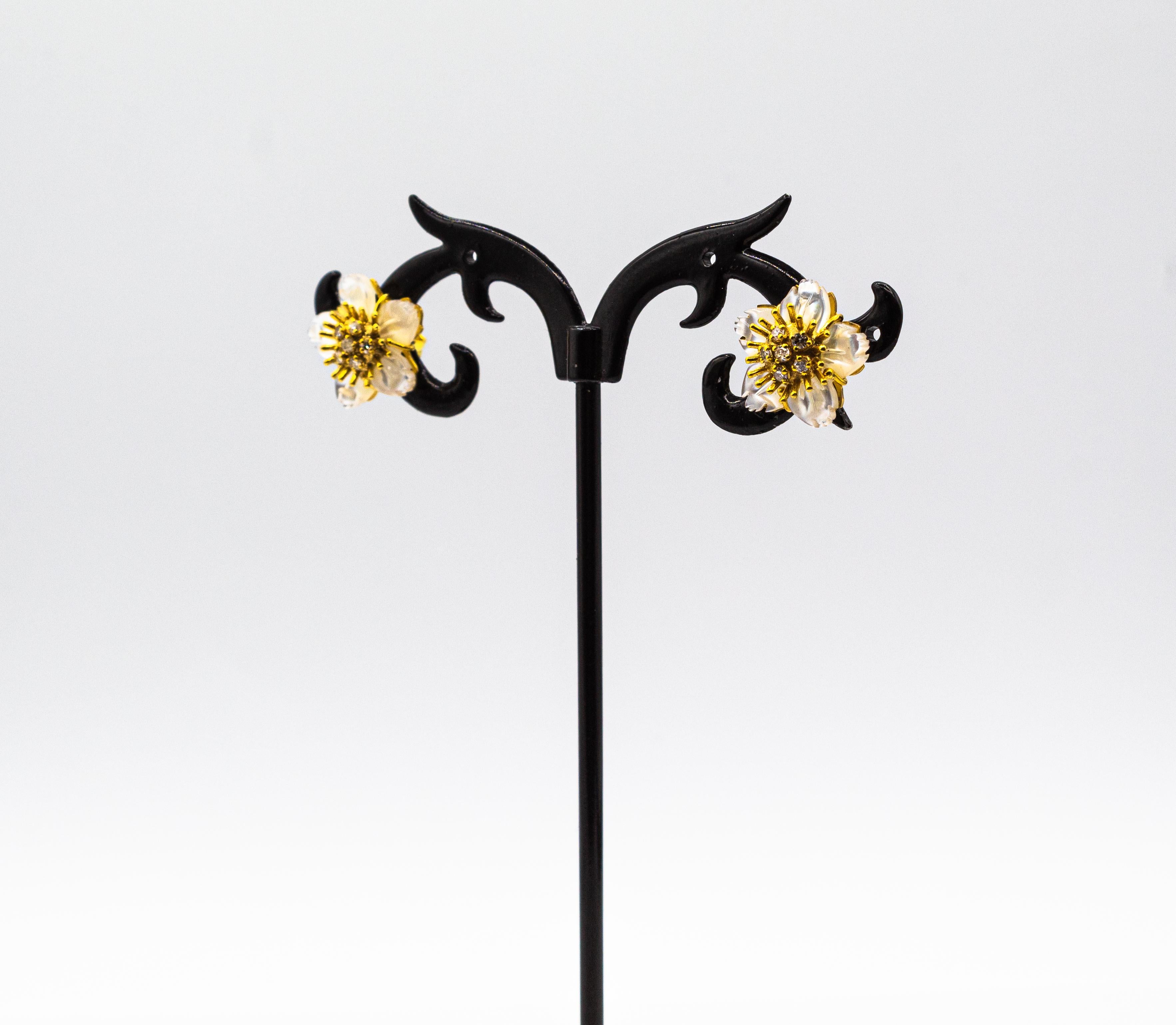 Art Nouveau Style White Diamond Mother of Pearl Yellow Gold Flowers Earrings 1
