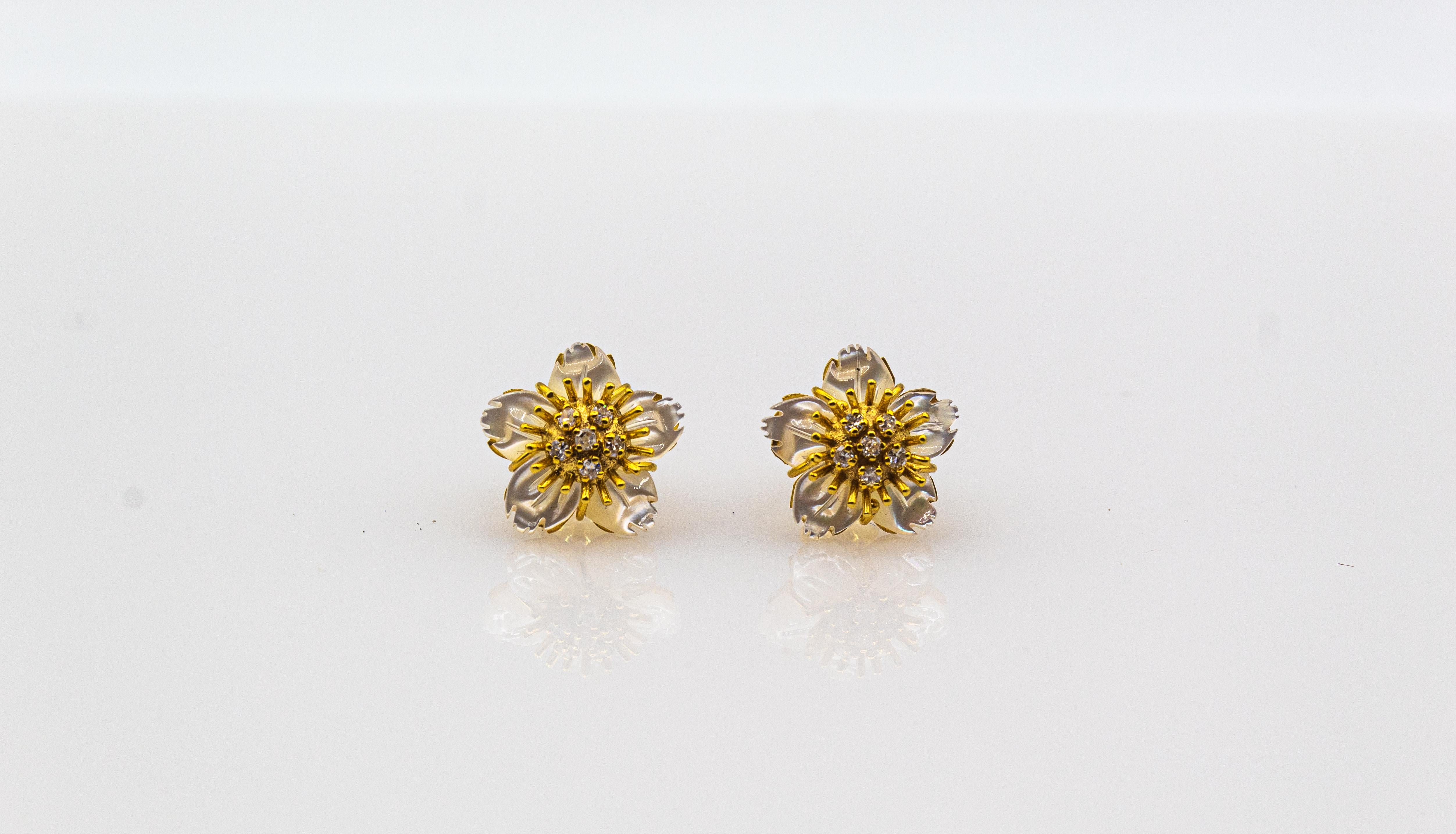 Art Nouveau Style White Diamond Mother of Pearl Yellow Gold Flowers Earrings 2