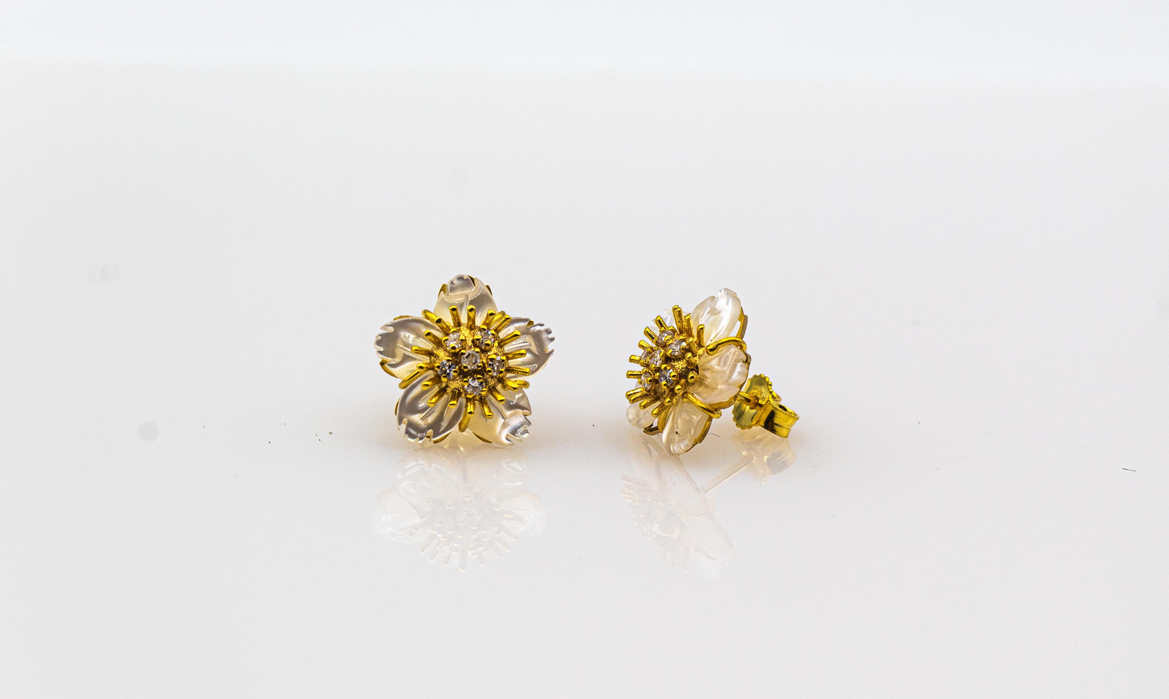 Art Nouveau Style White Diamond Mother of Pearl Yellow Gold Flowers Earrings 3