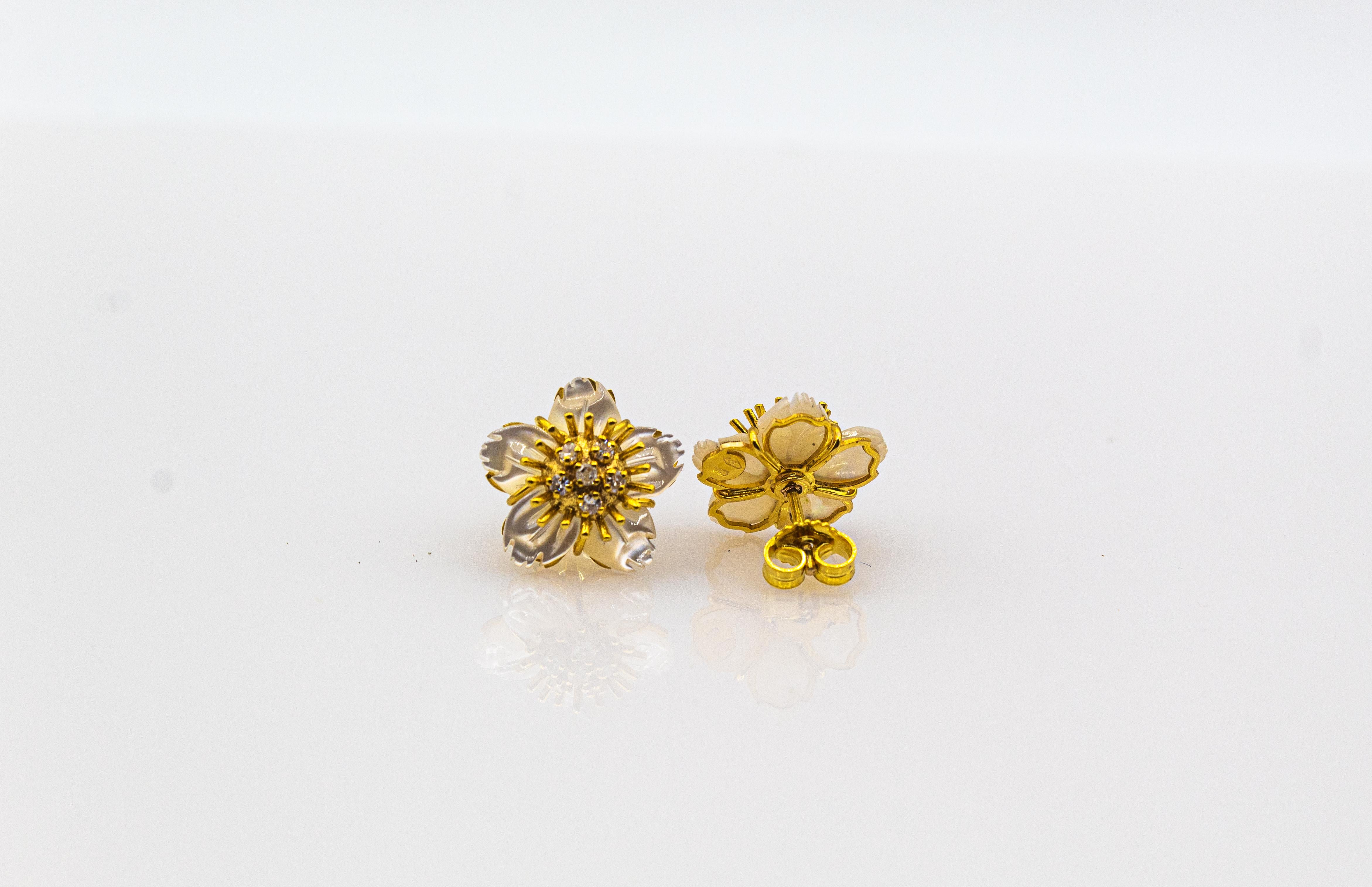 Art Nouveau Style White Diamond Mother of Pearl Yellow Gold Flowers Earrings 4