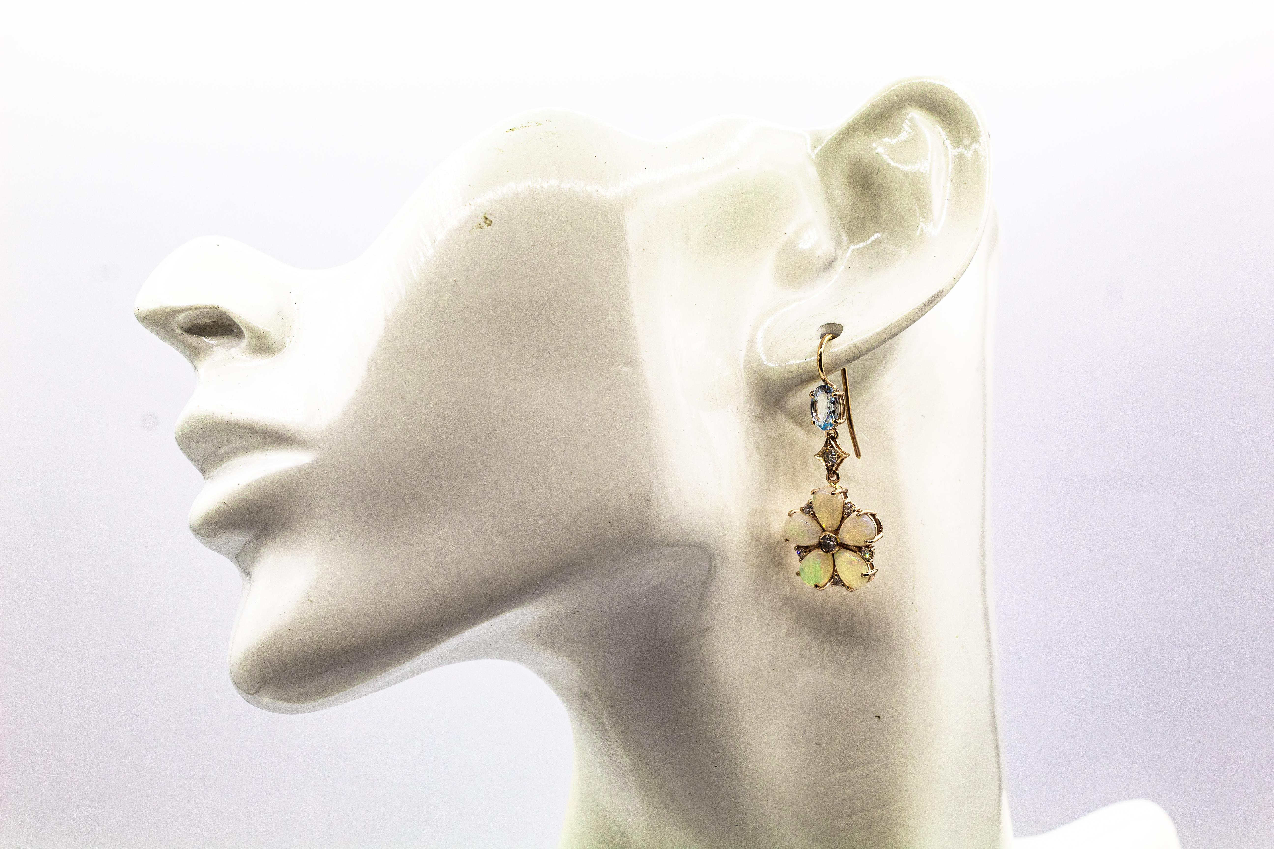Gelbgold-Tropfen-Ohrringe im Jugendstil mit weißem Diamant-Opal und Aquamarin im Angebot 4
