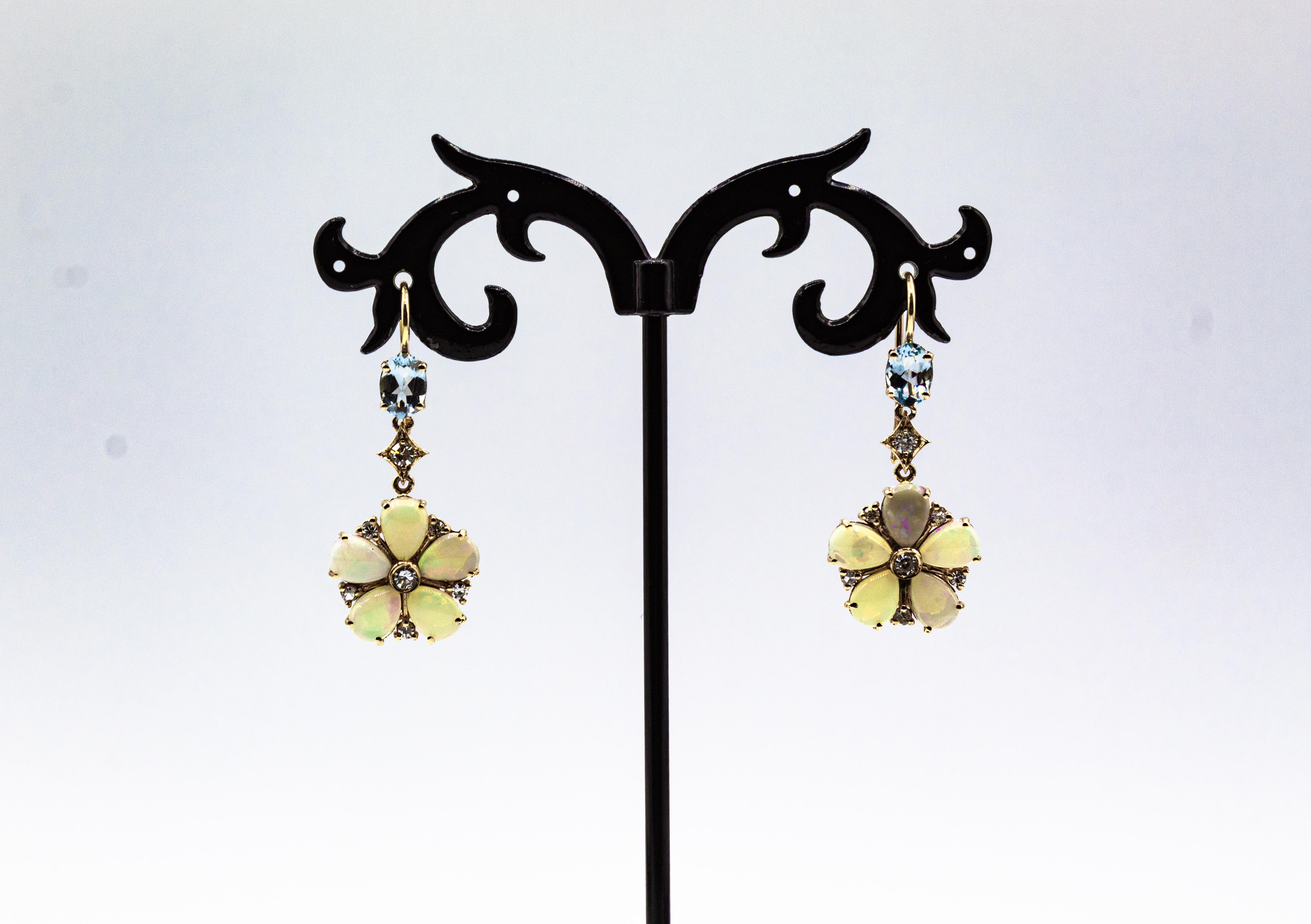 Art Nouveau Style White Diamond Opal Aquamarine Yellow Gold Drop Earrings In New Condition For Sale In Naples, IT