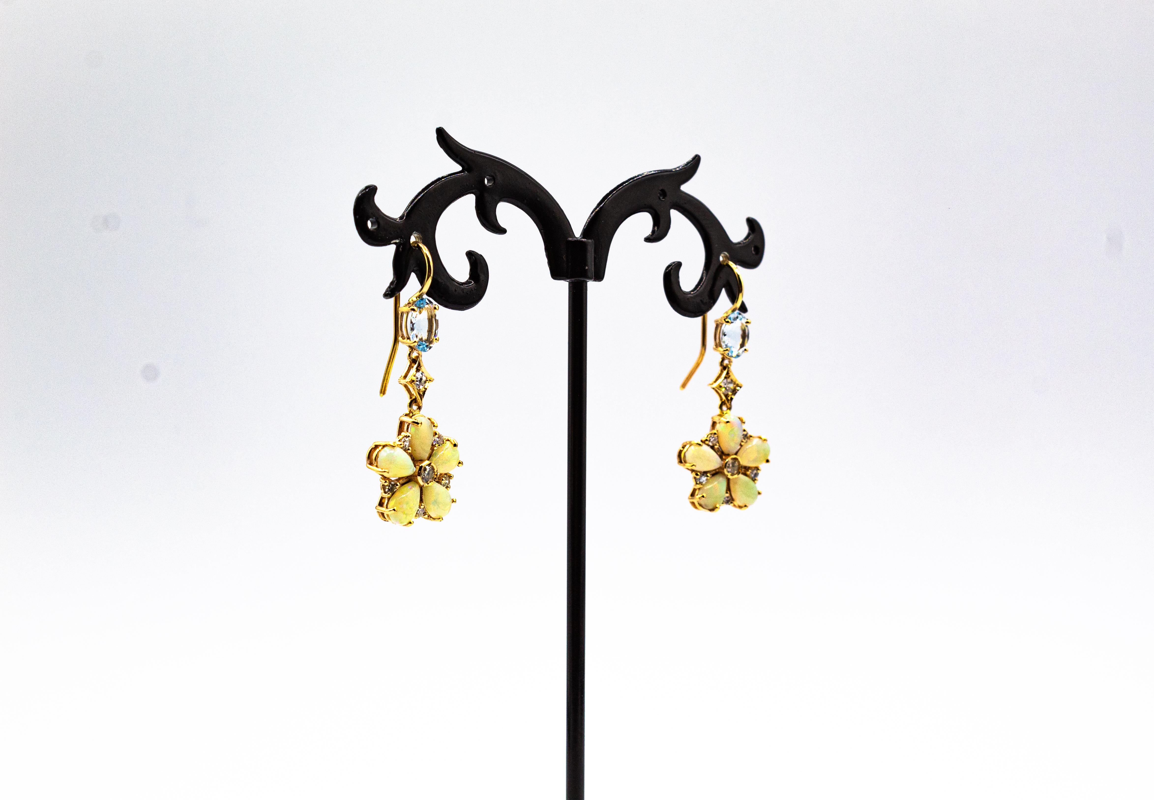 Women's or Men's Art Nouveau Style White Diamond Opal Aquamarine Yellow Gold Drop Earrings For Sale