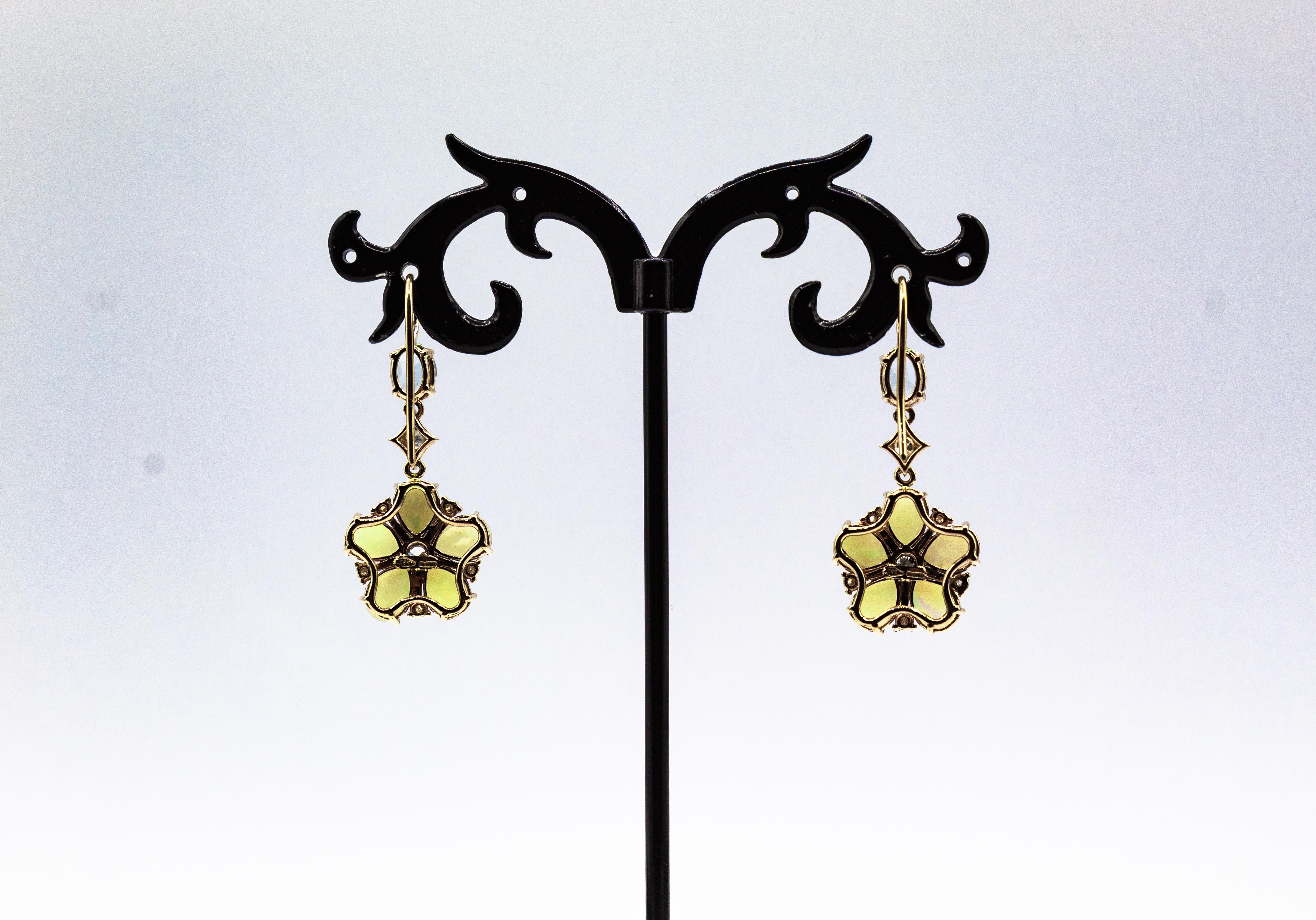 Art Nouveau Style White Diamond Opal Aquamarine Yellow Gold Drop Earrings For Sale 1