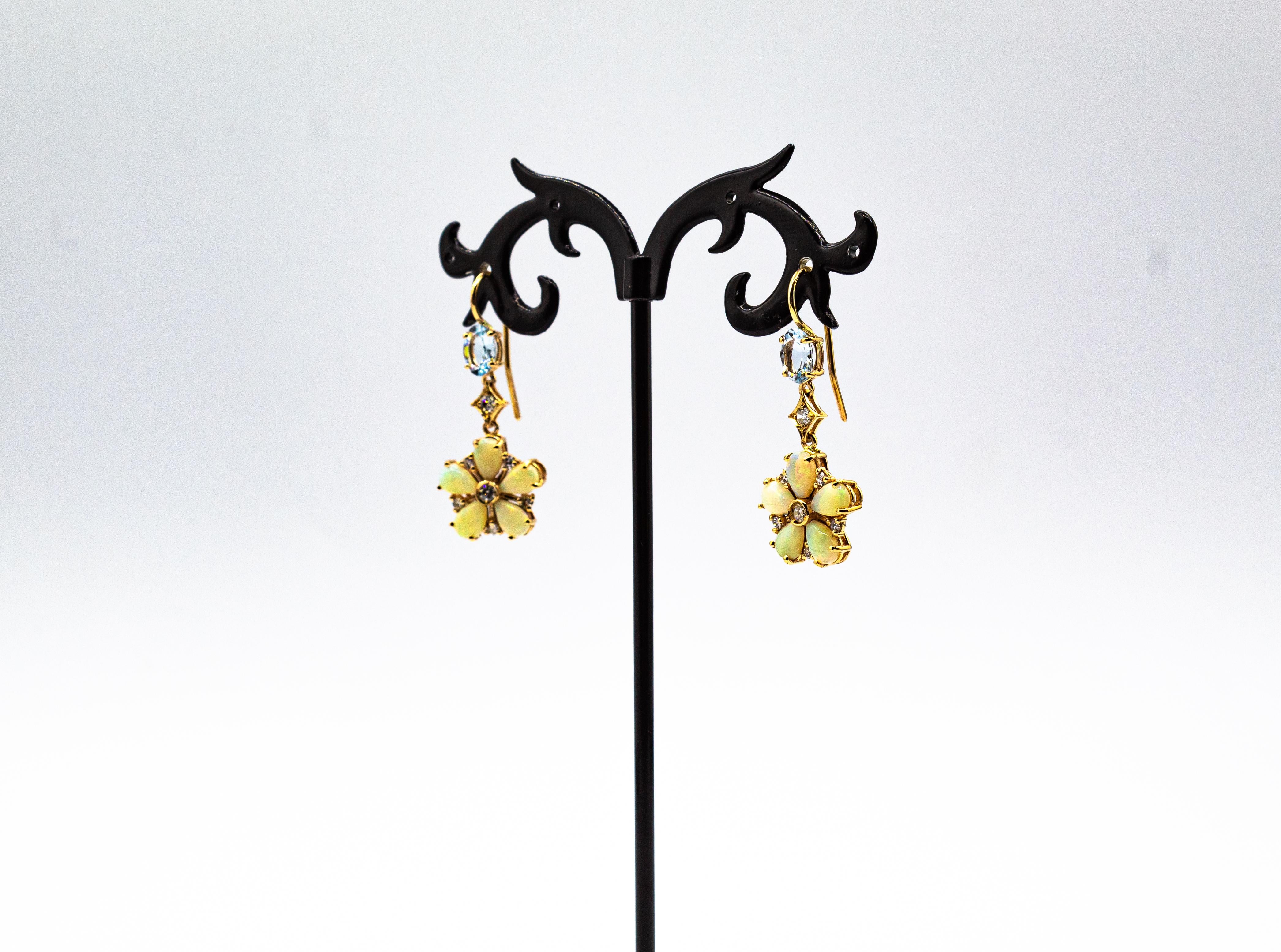 Art Nouveau Style White Diamond Opal Aquamarine Yellow Gold Drop Earrings For Sale 2