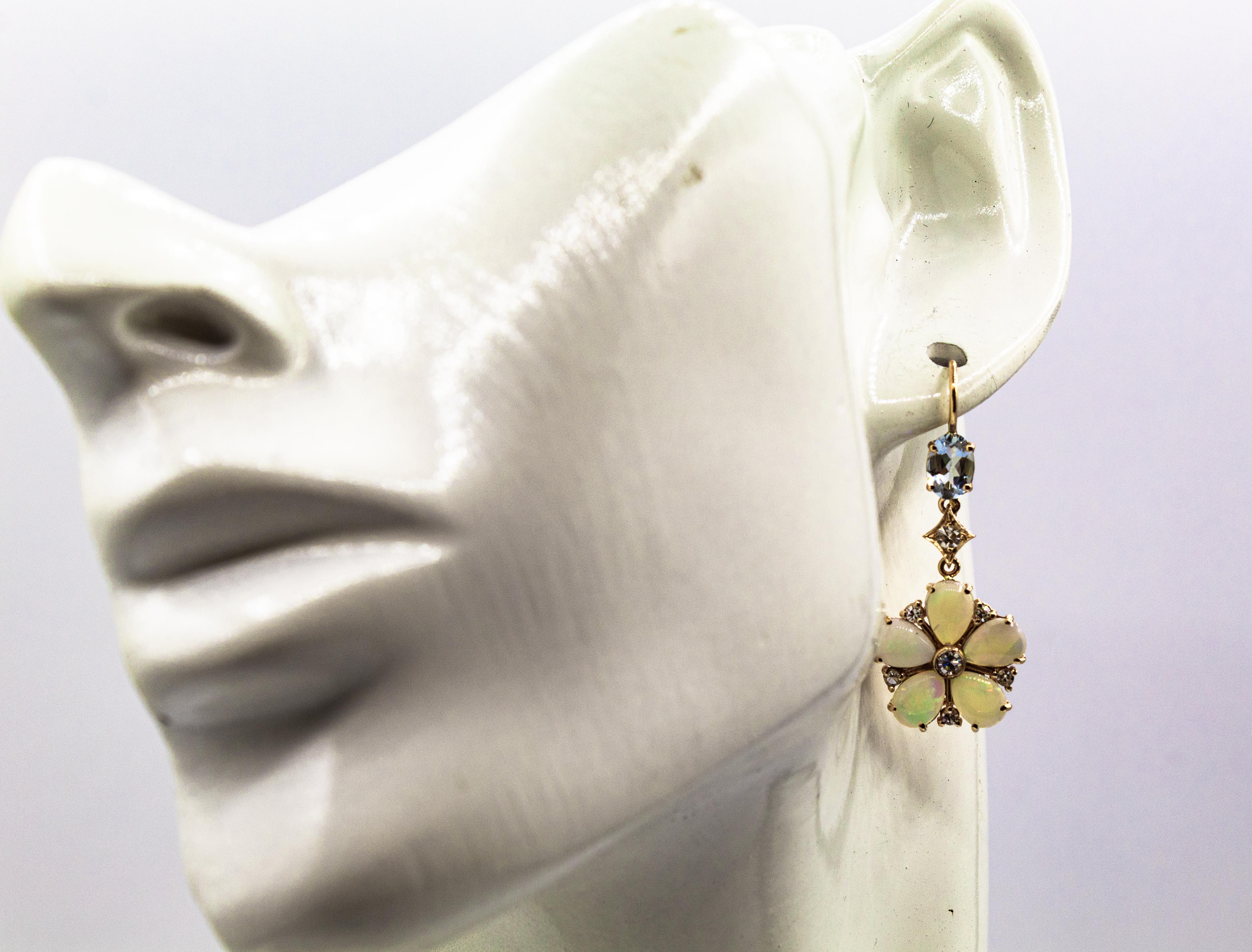 Art Nouveau Style White Diamond Opal Aquamarine Yellow Gold Drop Earrings For Sale 3