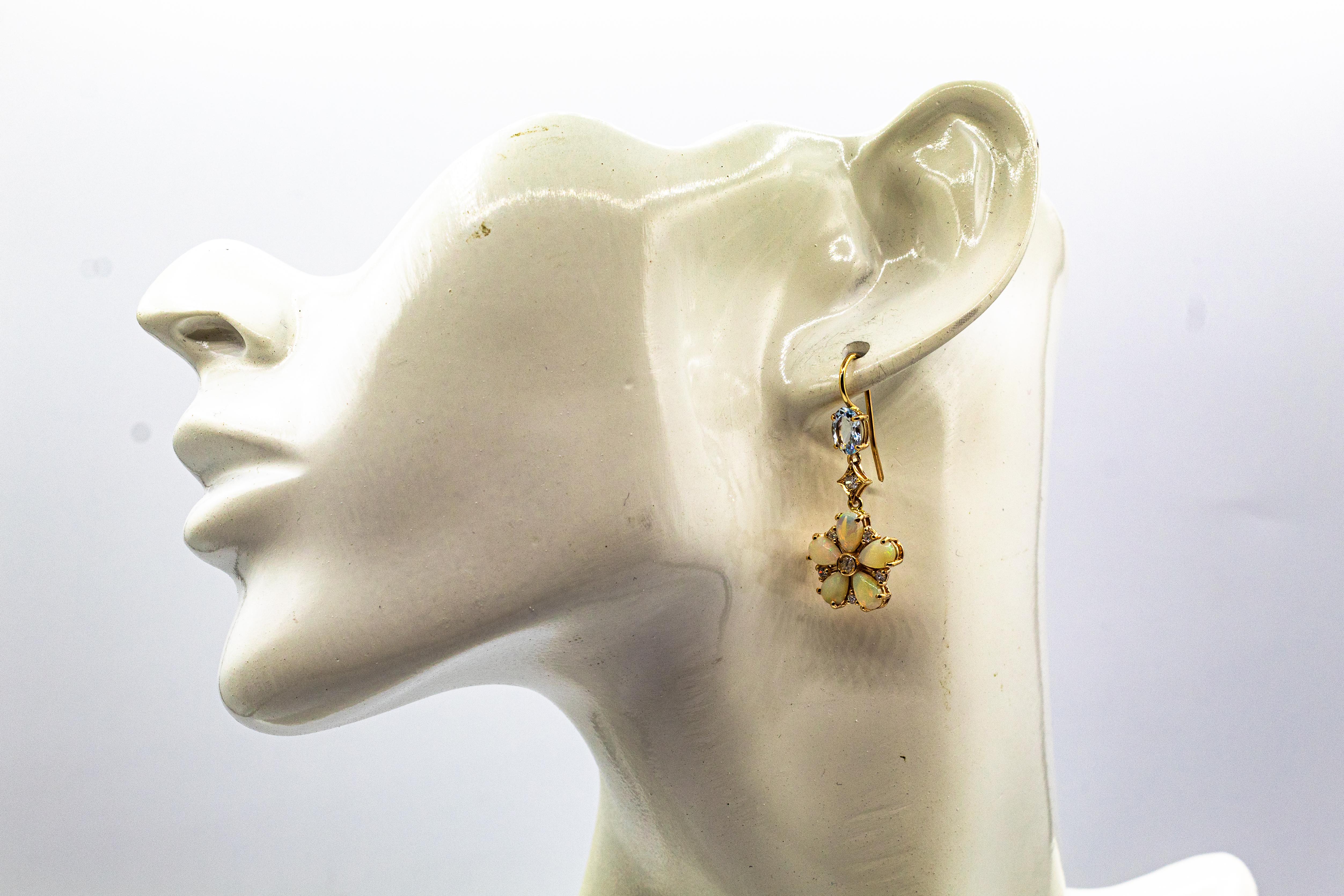 Art Nouveau Style White Diamond Opal Aquamarine Yellow Gold Drop Earrings For Sale 4